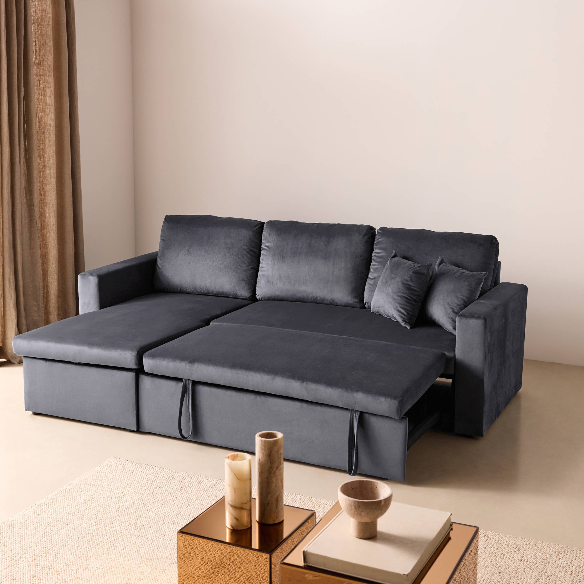 sweeek - Canapé d'angle convertible en velours gris foncé 3 places. fauteuil d'angle réversible coffre rangement lit modulable | sweeek - Image 7
