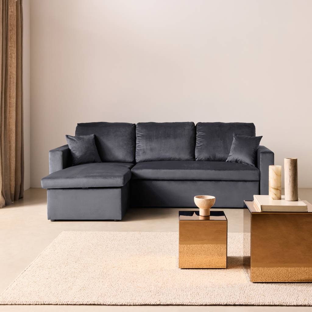 sweeek - Canapé d'angle convertible en velours gris foncé 3 places. fauteuil d'angle réversible coffre rangement lit modulable  | sweeek - Image 1