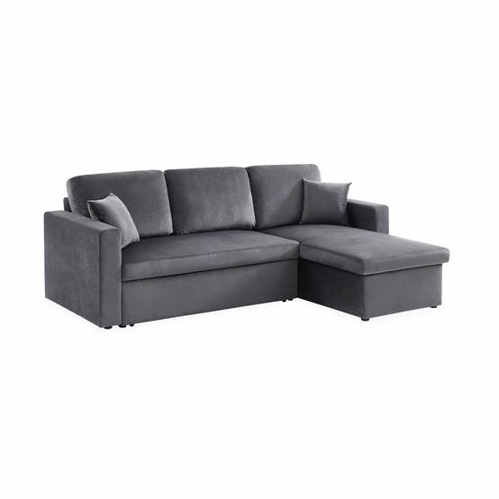 sweeek - Canapé d'angle convertible en velours gris foncé 3 places. fauteuil d'angle réversible coffre rangement lit modulable | sweeek - Image 2