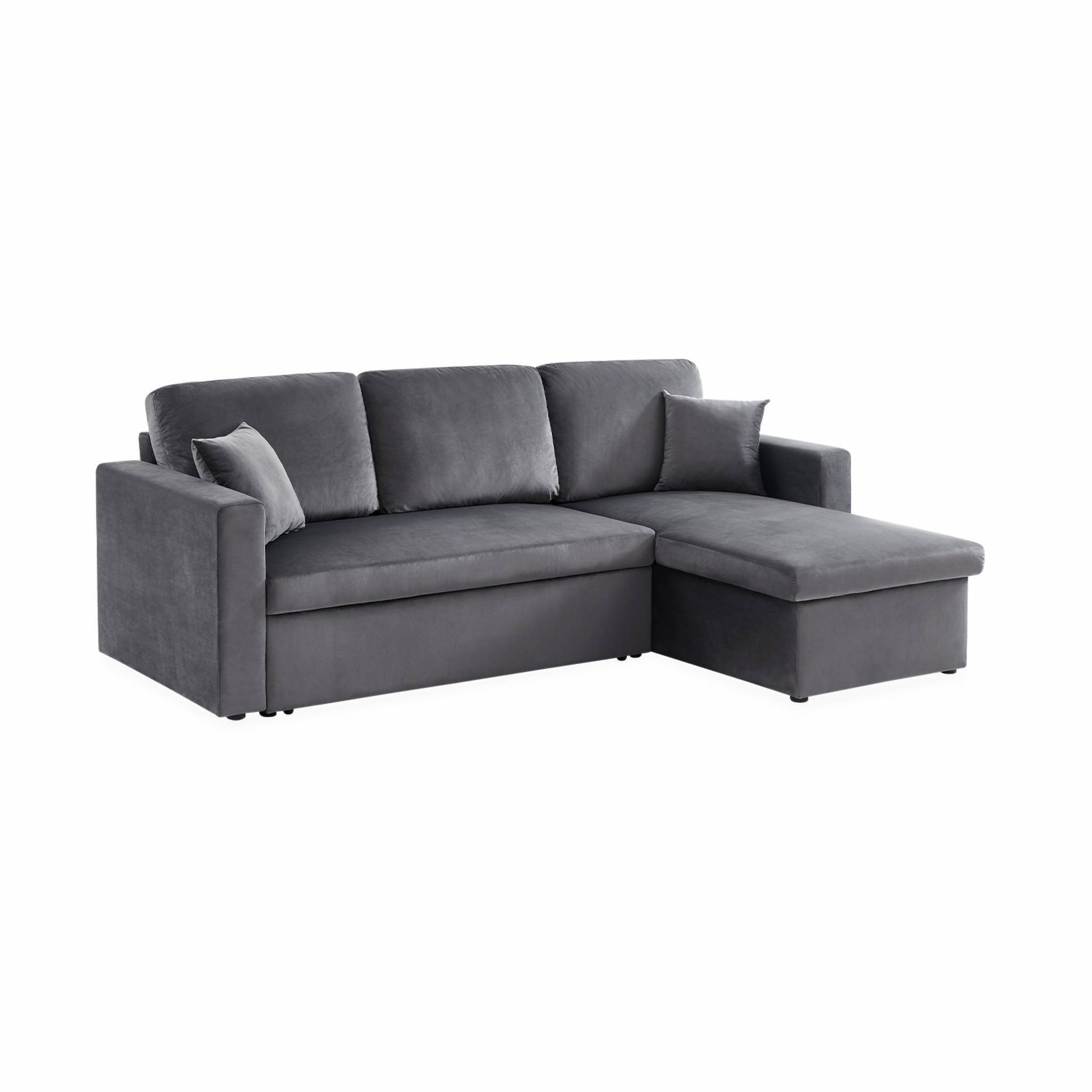 sweeek - Canapé d'angle convertible en velours gris foncé 3 places. fauteuil d'angle réversible coffre rangement lit modulable  | sweeek - Image 2