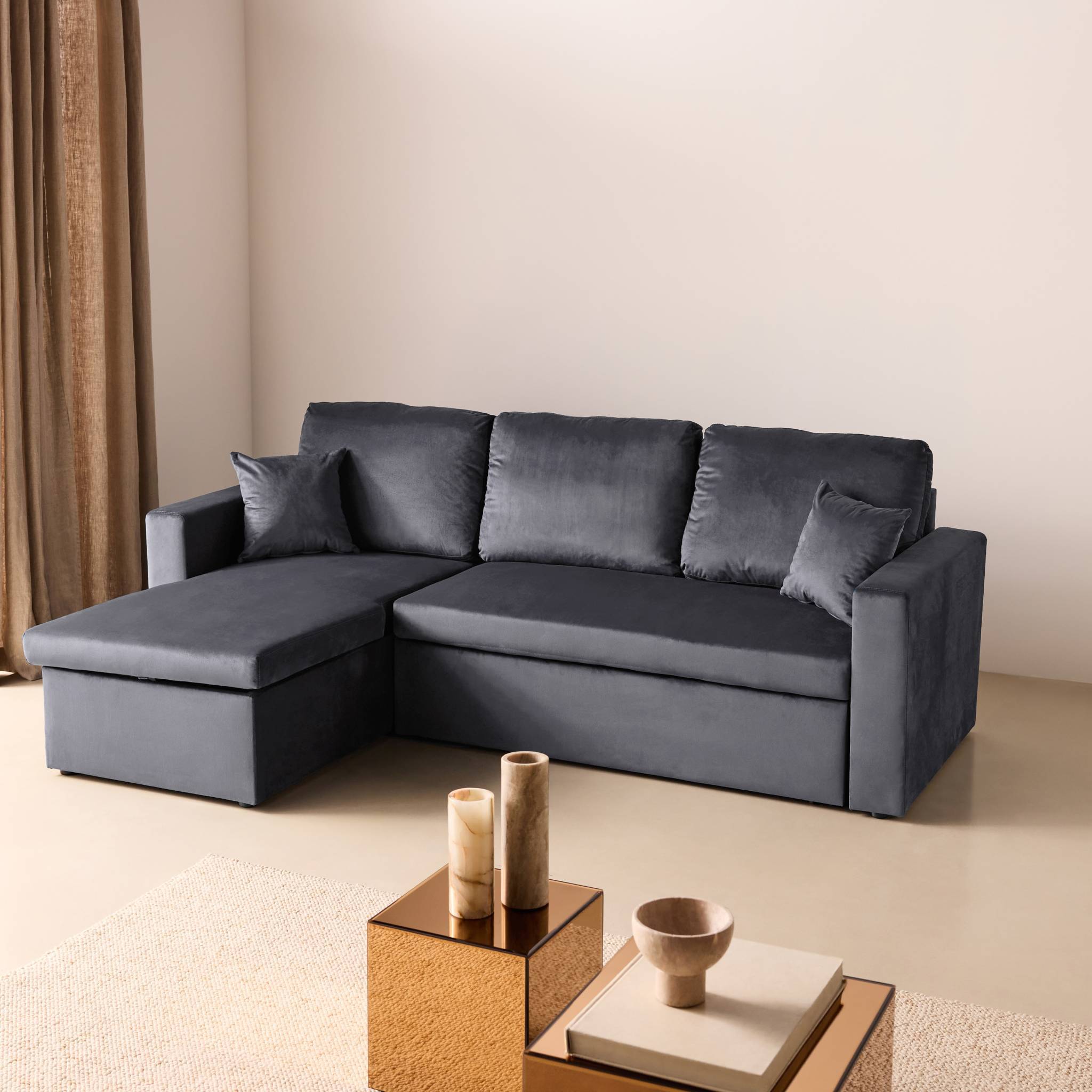 sweeek - Canapé d'angle convertible en velours gris foncé 3 places. fauteuil d'angle réversible coffre rangement lit modulable | sweeek - Image 3