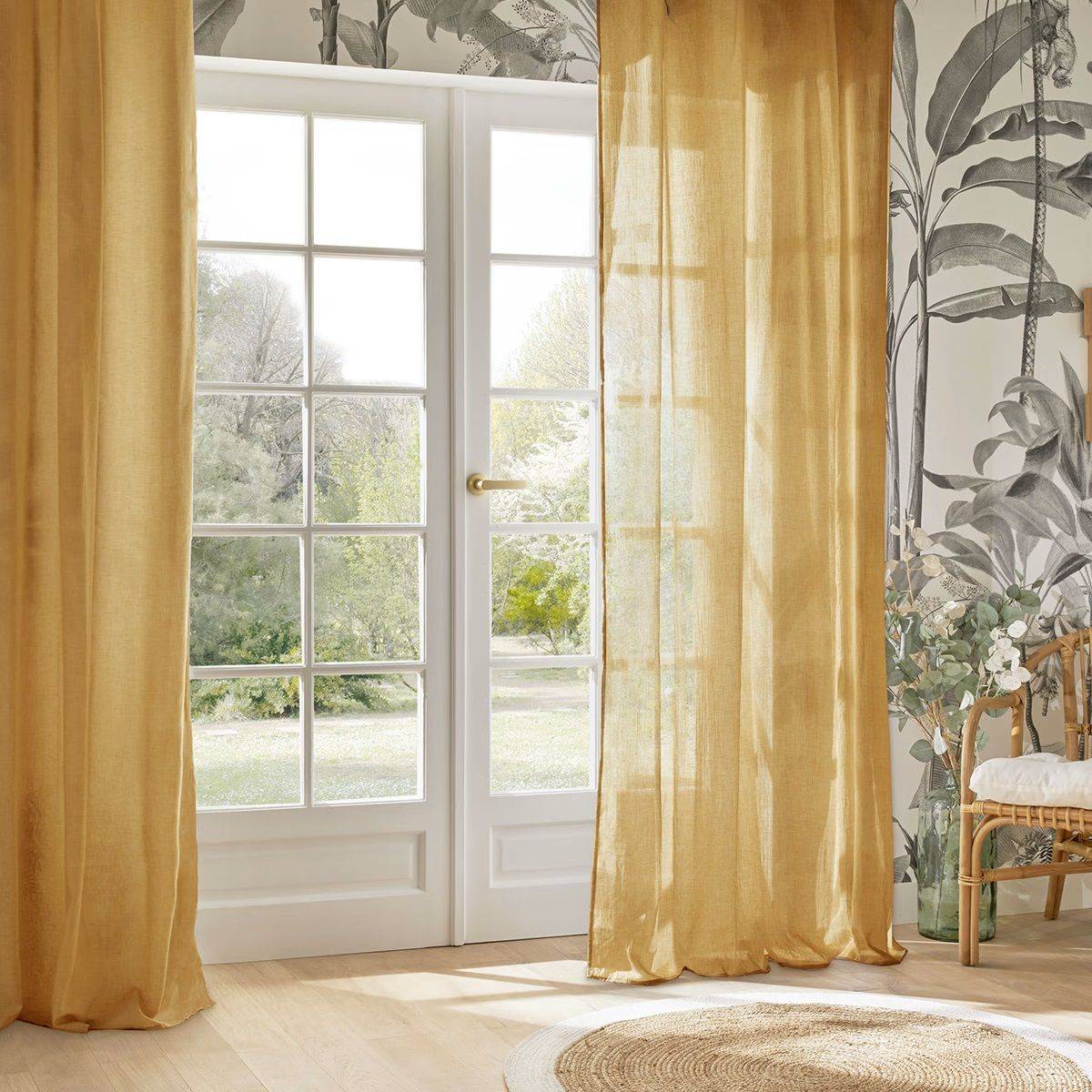 Voilage à œillets en polyester et coton Jaune cumin 135 x 240 cm - Imagen 2