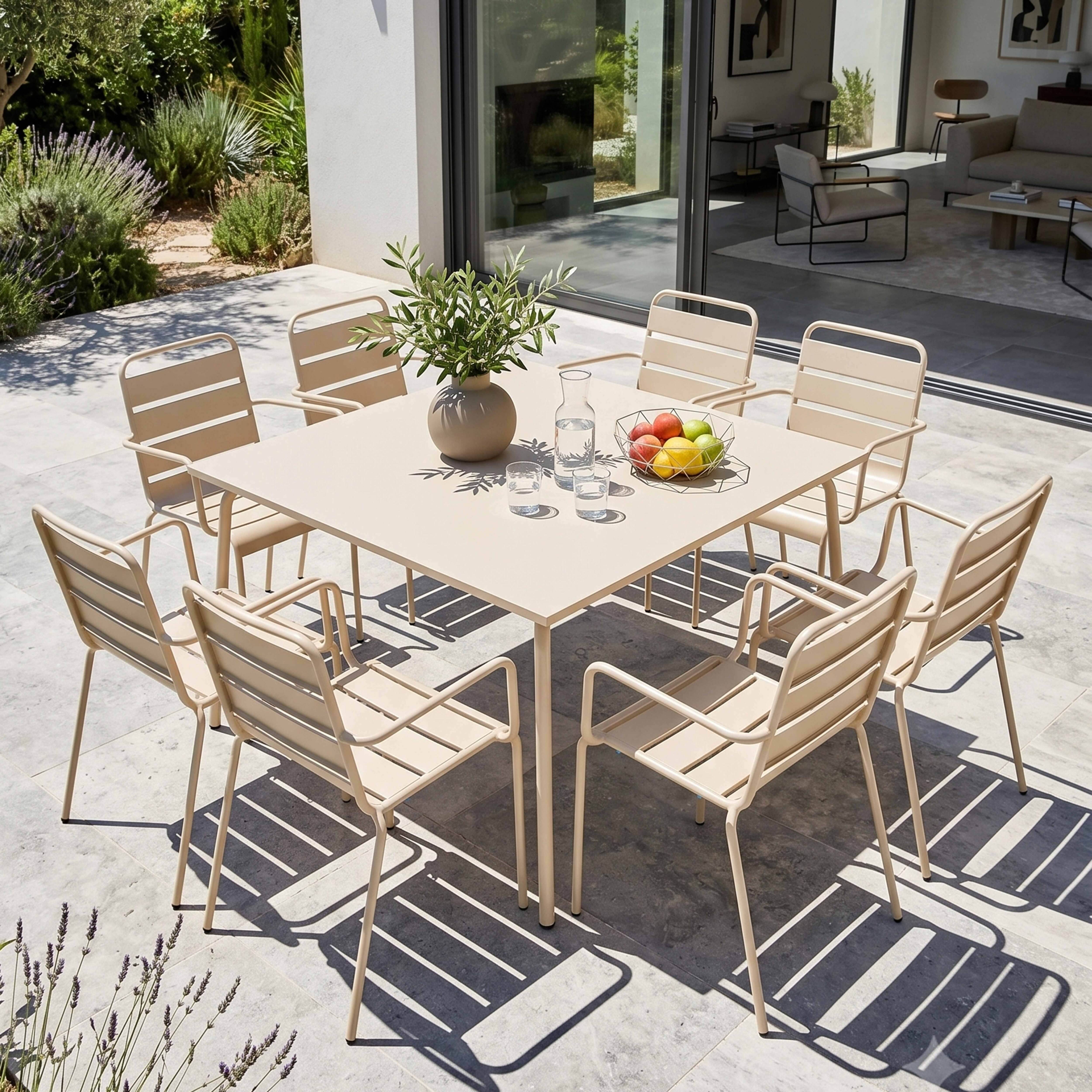 Oviala - Ensemble table de jardin carrée et 8 fauteuils en métal ivoire Palavas - Oviala - Imagen 2