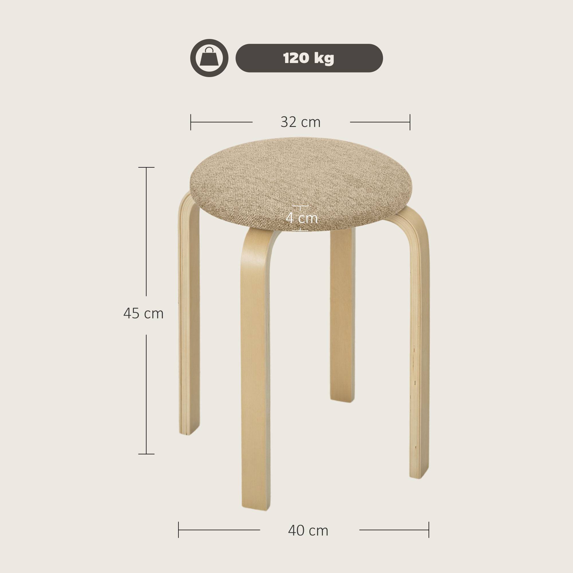 Tabourets rembourrés, lot de 4, empilables, surface laquée, pieds en bois, kaki - Image 5