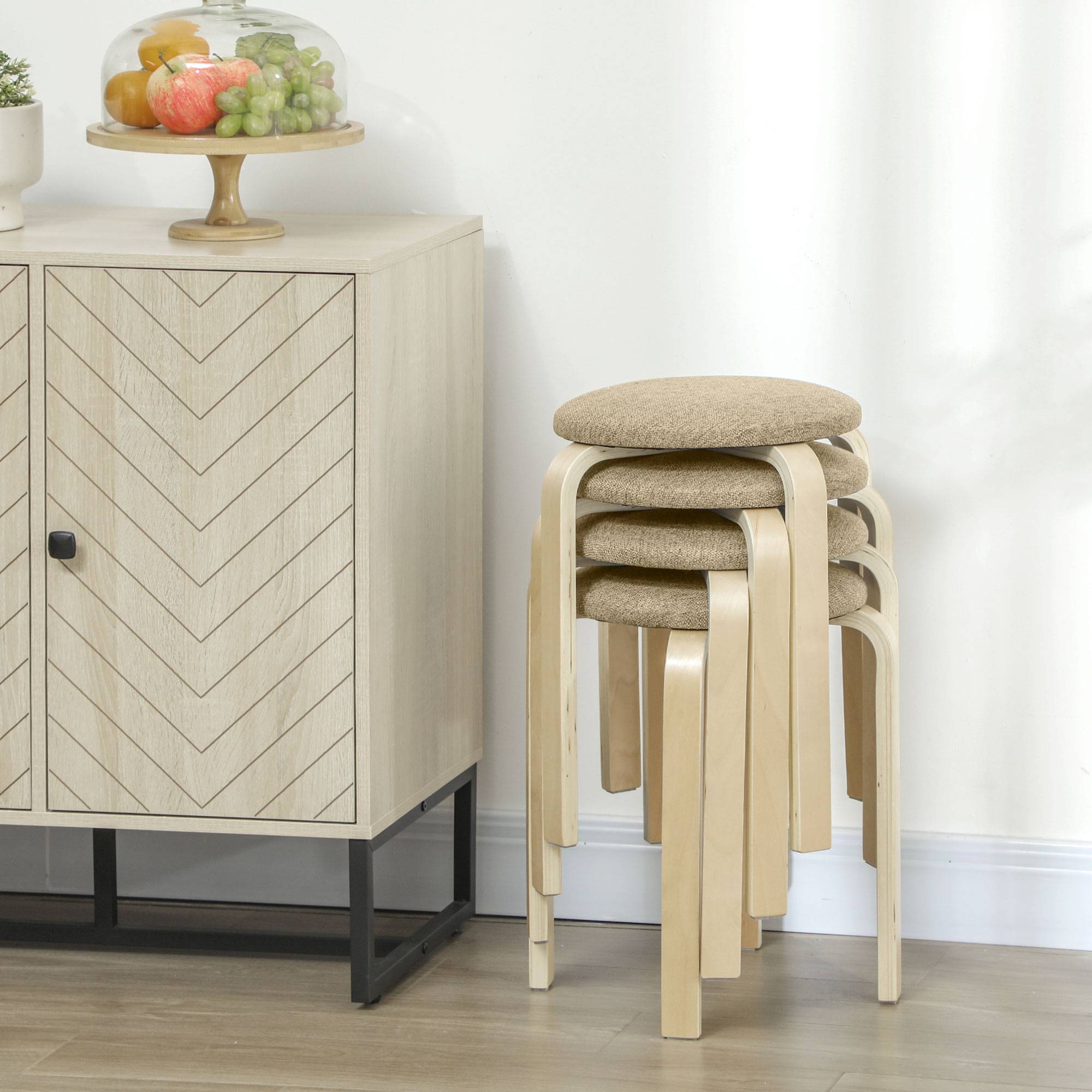 Tabourets rembourrés, lot de 4, empilables, surface laquée, pieds en bois, kaki - Image 10