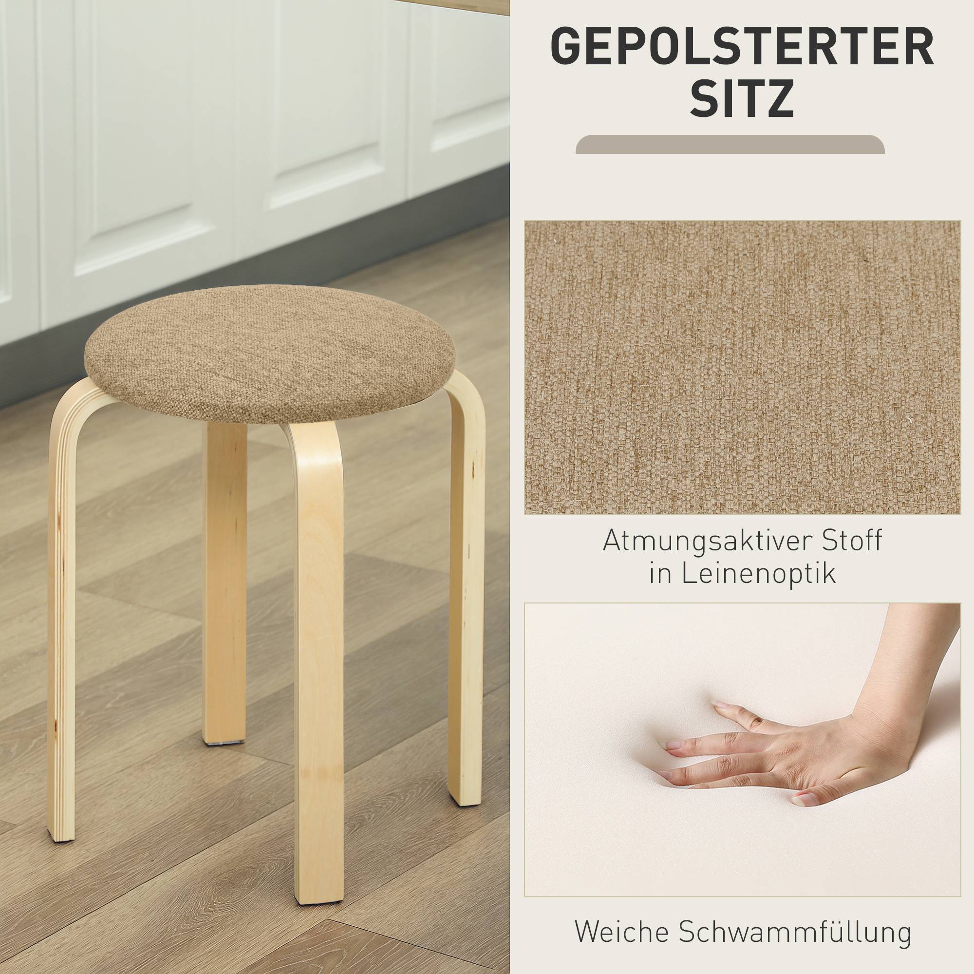 Tabourets rembourrés, lot de 4, empilables, surface laquée, pieds en bois, kaki - Image 7