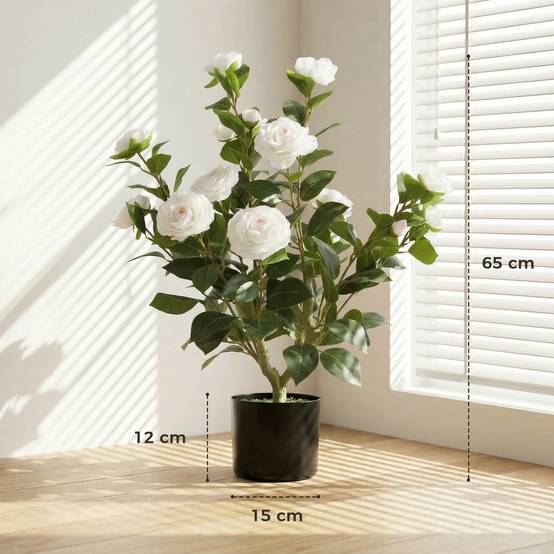 Sans Marque - Camélia artificiel de 65 cm en pot, orné de fleurs en soie réalistes et de 116 feuilles à effet mousse blanche. - Image 5