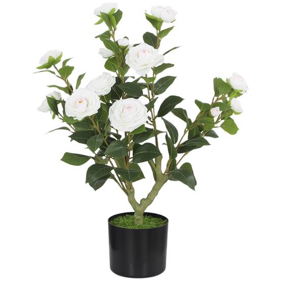 Sans Marque - Camélia artificiel de 65 cm en pot, orné de fleurs en soie réalistes et de 116 feuilles à effet mousse blanche. - Image 1