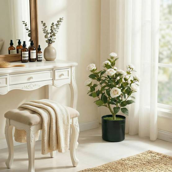 Sans Marque - Camélia artificiel de 65 cm en pot, orné de fleurs en soie réalistes et de 116 feuilles à effet mousse blanche. - Image 4