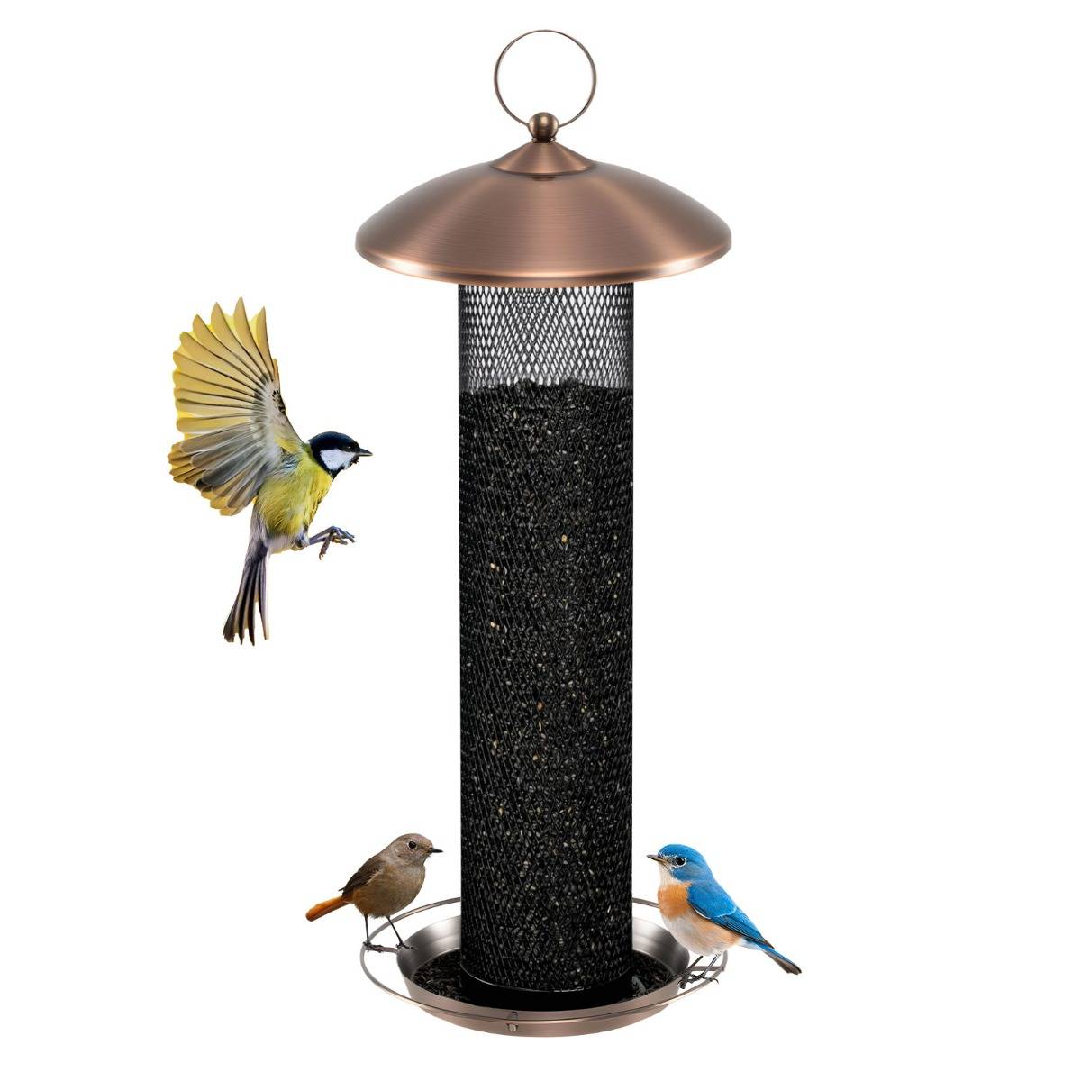 Mangeoire à Oiseaux Tube en Maille Métallique Suspendue Anti-écureuil Toit et Plateau à Graines avec Drainage Noir MAISON CHIC - Image 1