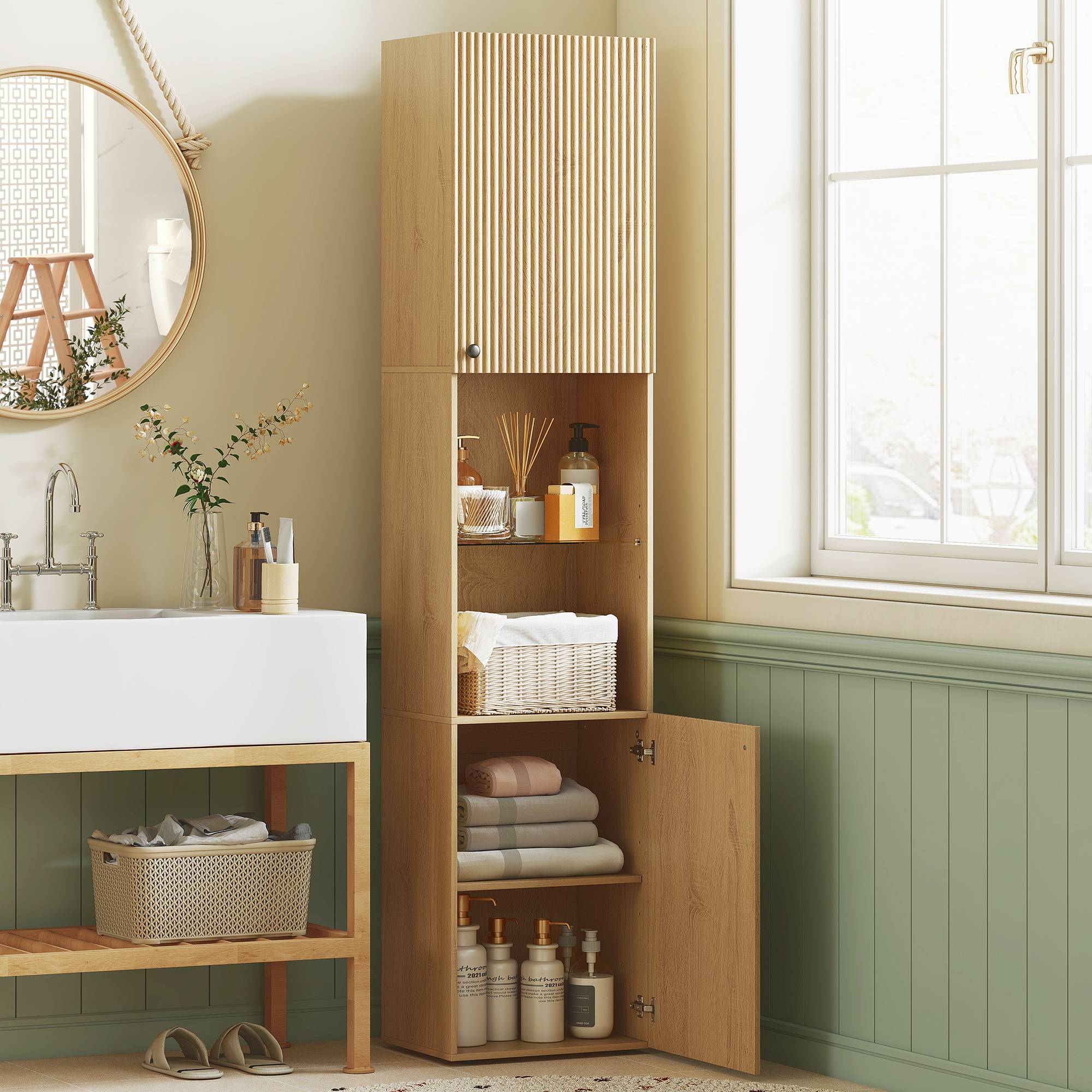 Armoire salle de bain chêne avec 6 niveaux, portes et étagères verre trempé réglables, rangement grande capacité 40x31x182 cm - Image 3
