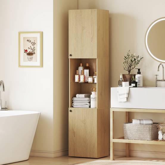Armoire salle de bain chêne avec 6 niveaux, portes et étagères verre trempé réglables, rangement grande capacité 40x31x182 cm - Image 4