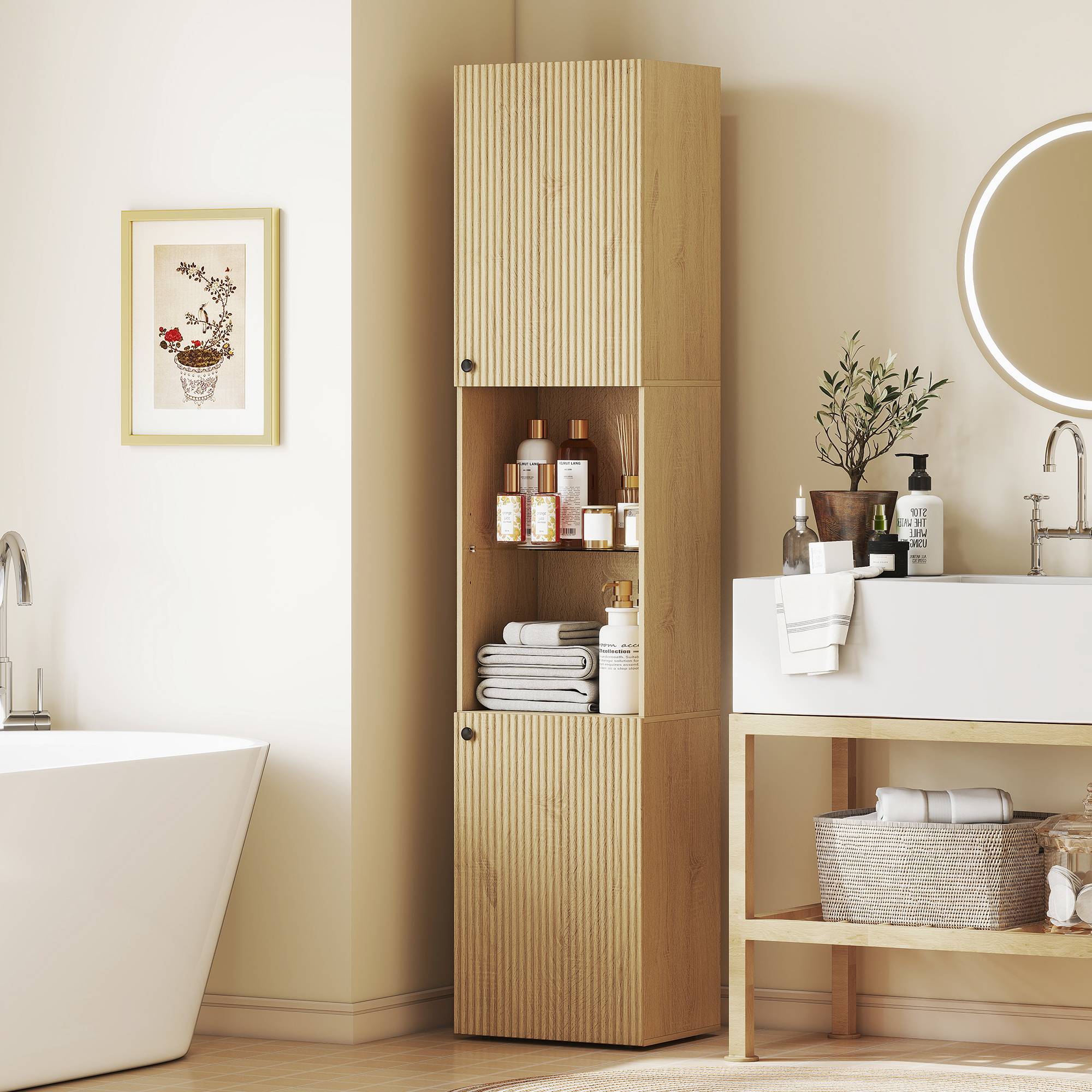Armoire salle de bain chêne avec 6 niveaux, portes et étagères verre trempé réglables, rangement grande capacité 40x31x182 cm - Image 4