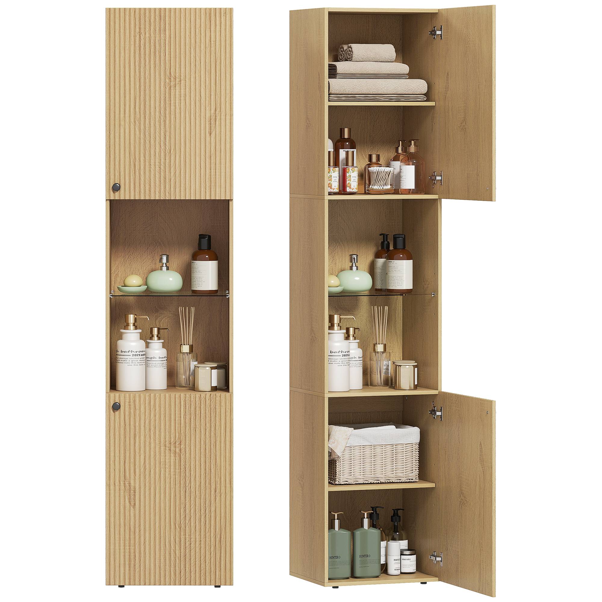 Armoire salle de bain chêne avec 6 niveaux, portes et étagères verre trempé réglables, rangement grande capacité 40x31x182 cm - Image 1