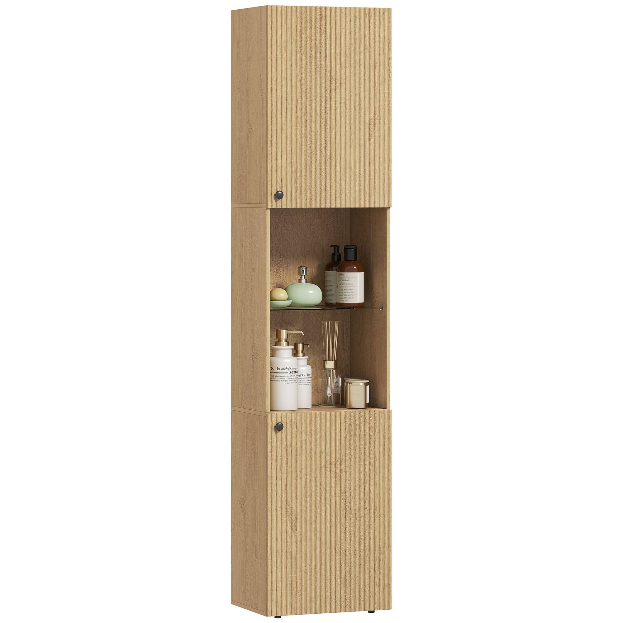 Armoire salle de bain chêne avec 6 niveaux, portes et étagères verre trempé réglables, rangement grande capacité 40x31x182 cm - Image 2