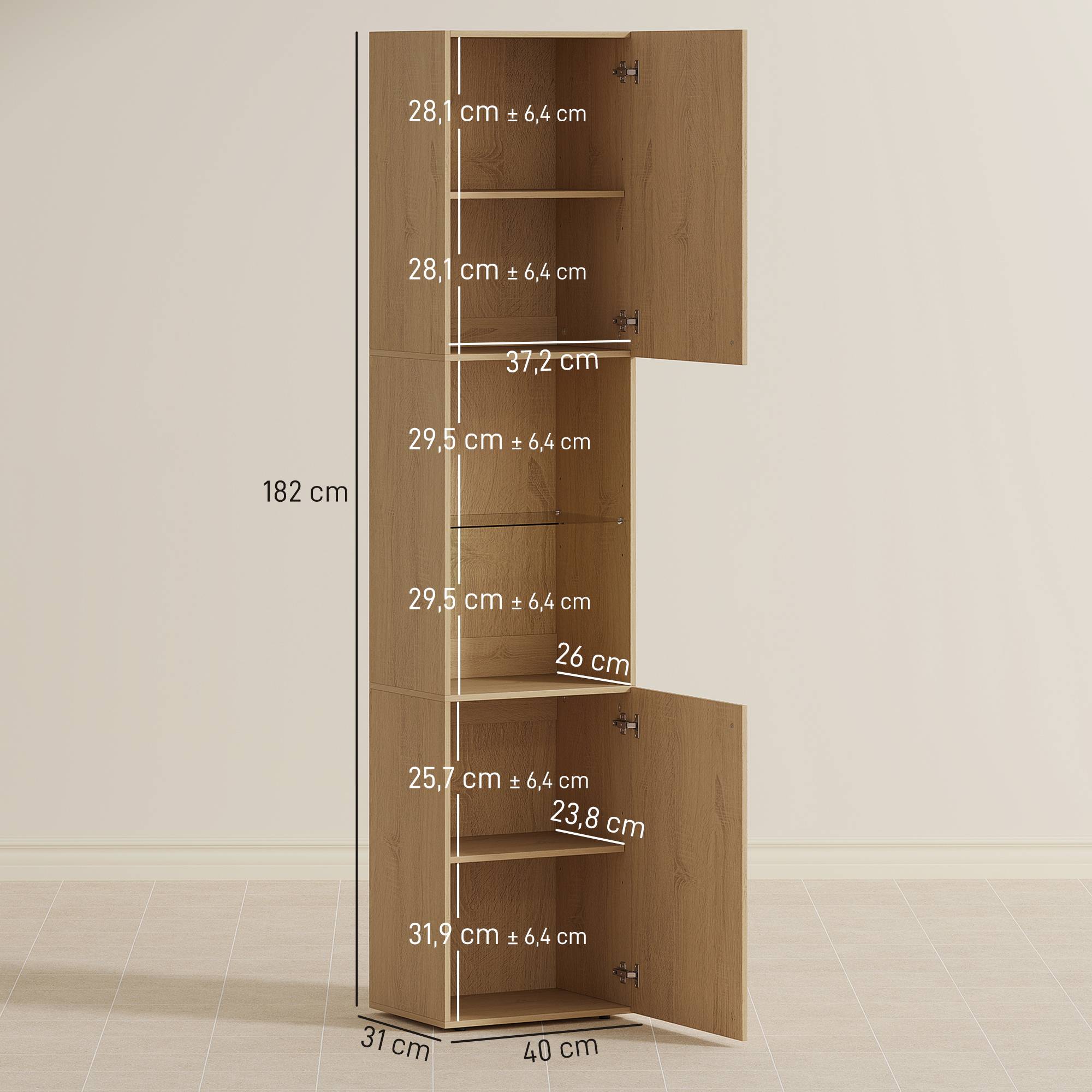 Armoire salle de bain chêne avec 6 niveaux, portes et étagères verre trempé réglables, rangement grande capacité 40x31x182 cm - Image 5