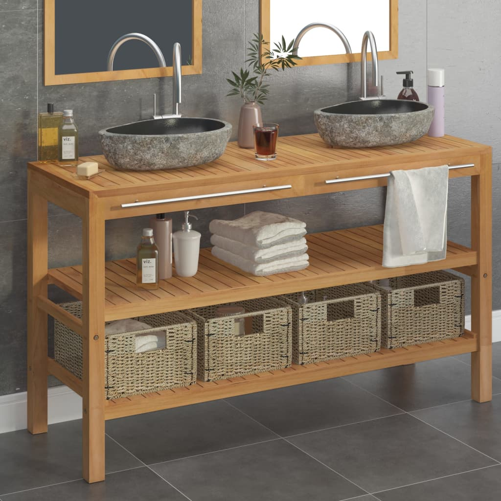 Vidaxl - Armoire de toilette Teck solide et lavabos en pierre de rivière - vidaXL - Imagen 2