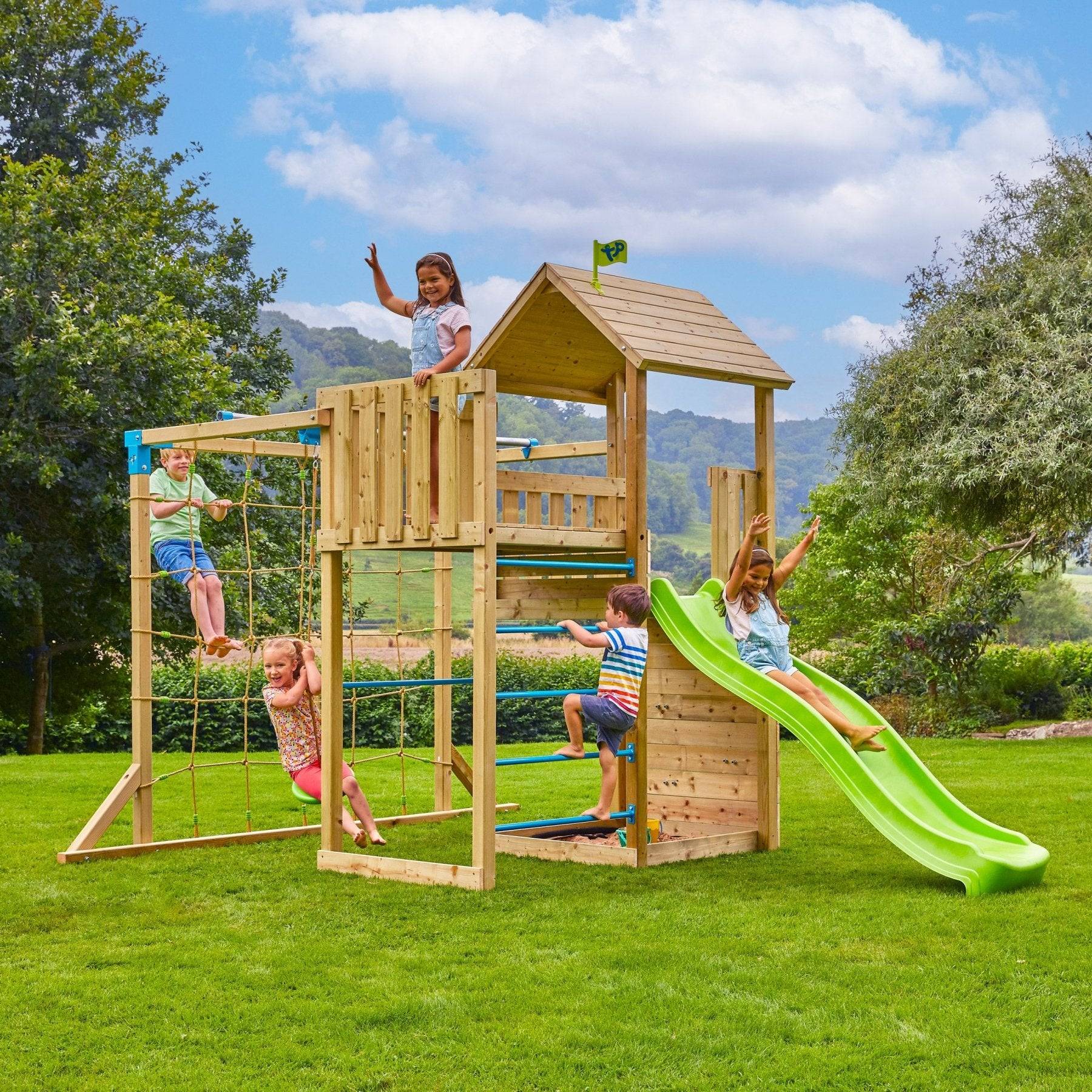 Tp Toys - AIre de jeux tyrolienne, mur d'escalade et toboggan - bois FSC® - SANTOLINE SKYWOOD - Imagen 1