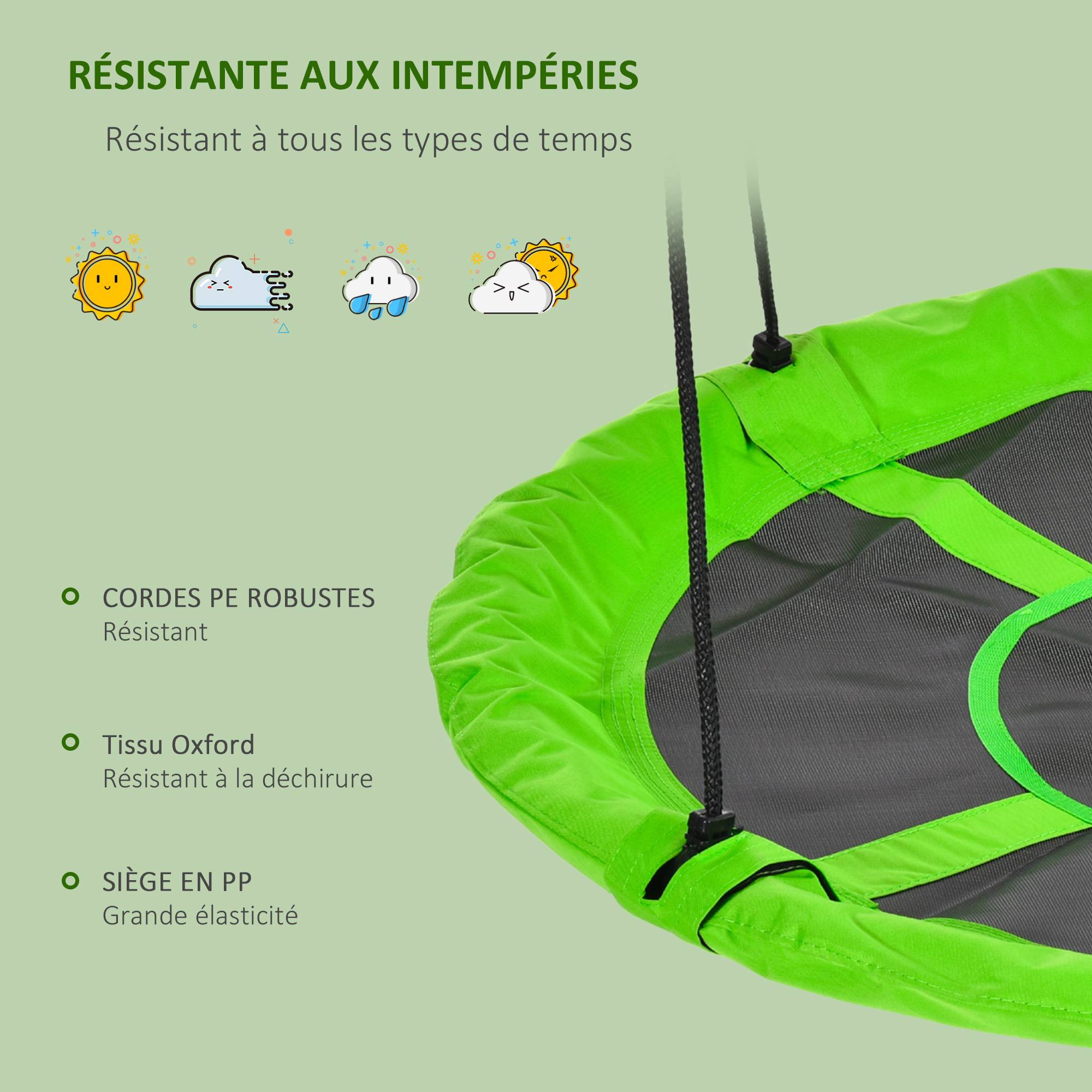 Outsunny - Balançoire nid d'oiseau ronde balançoire panier Ø 110 cm 4 anneaux inclus métal époxy Oxford haute densité vert - Outsunny - Imagen 6