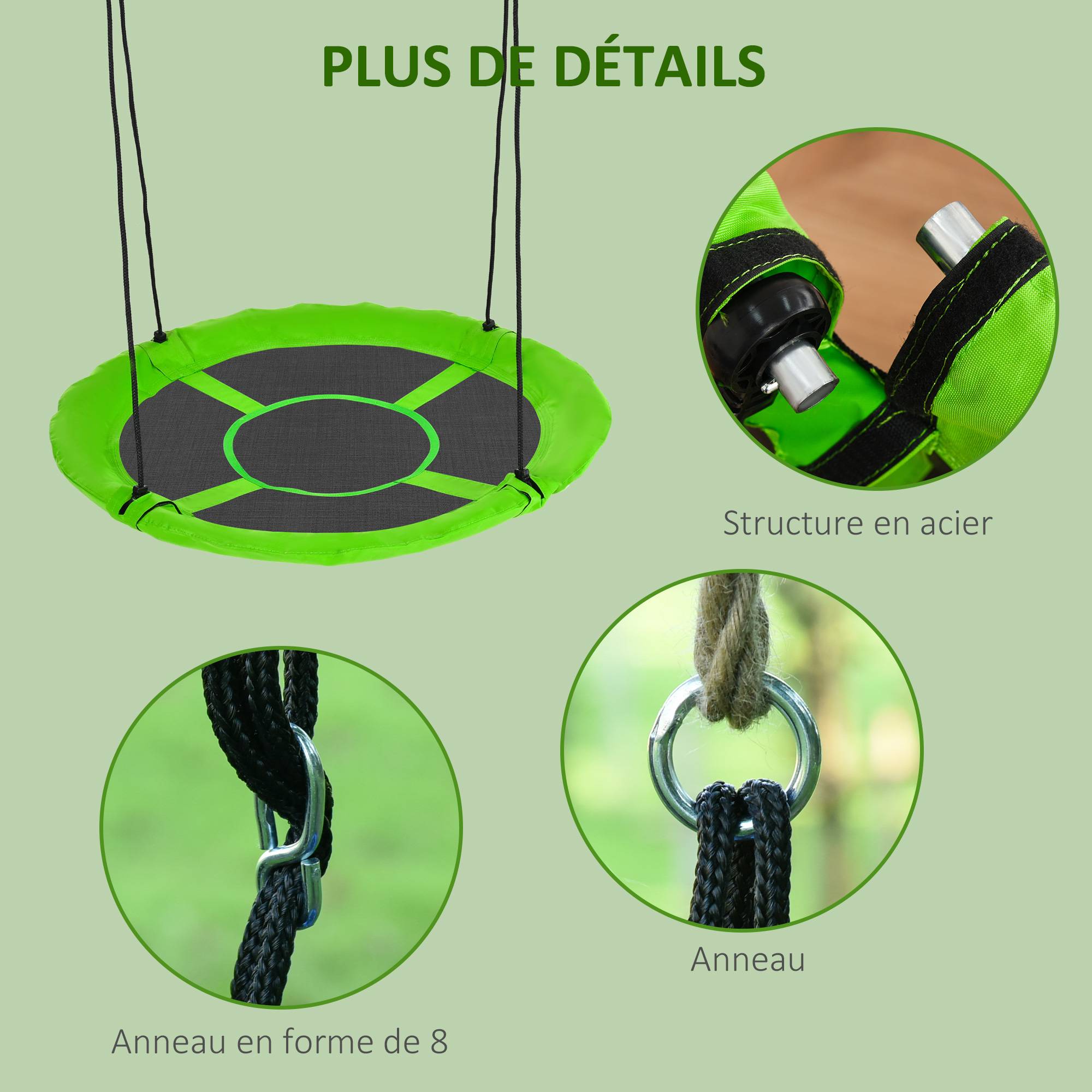 Outsunny - Balançoire nid d'oiseau ronde balançoire panier Ø 110 cm 4 anneaux inclus métal époxy Oxford haute densité vert - Outsunny - Imagen 7