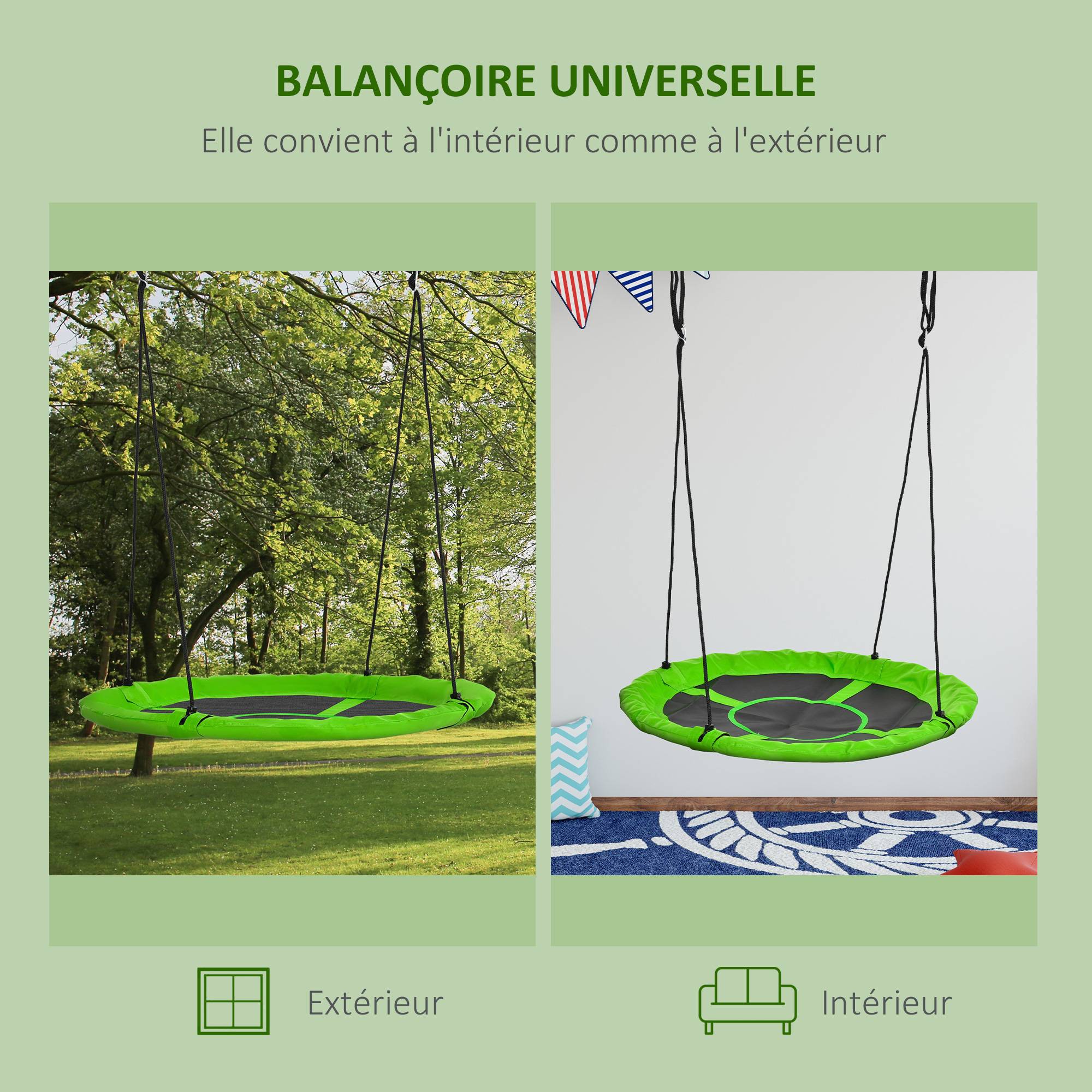 Outsunny - Balançoire nid d'oiseau ronde balançoire panier Ø 110 cm 4 anneaux inclus métal époxy Oxford haute densité vert - Outsunny - Imagen 4