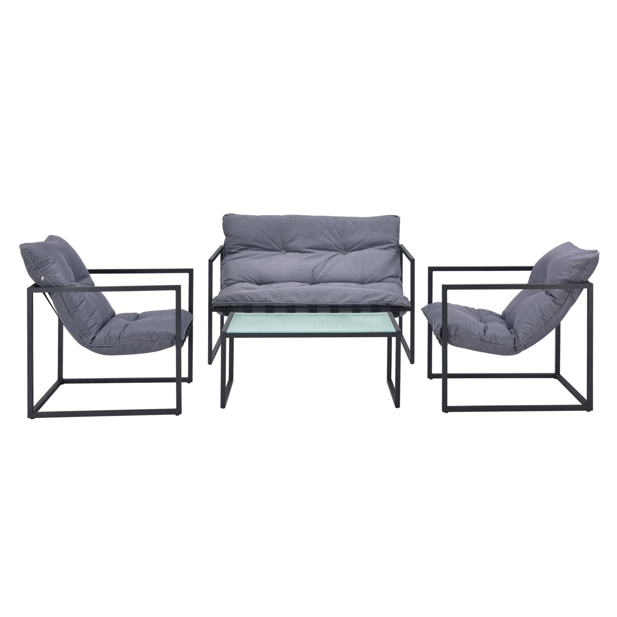 Helloshop26 - Salon de jardin table basse avec canapé et chaises extérieures en acier avec coussins oléfines et plateau de table en verre noir gris - Imagen 1