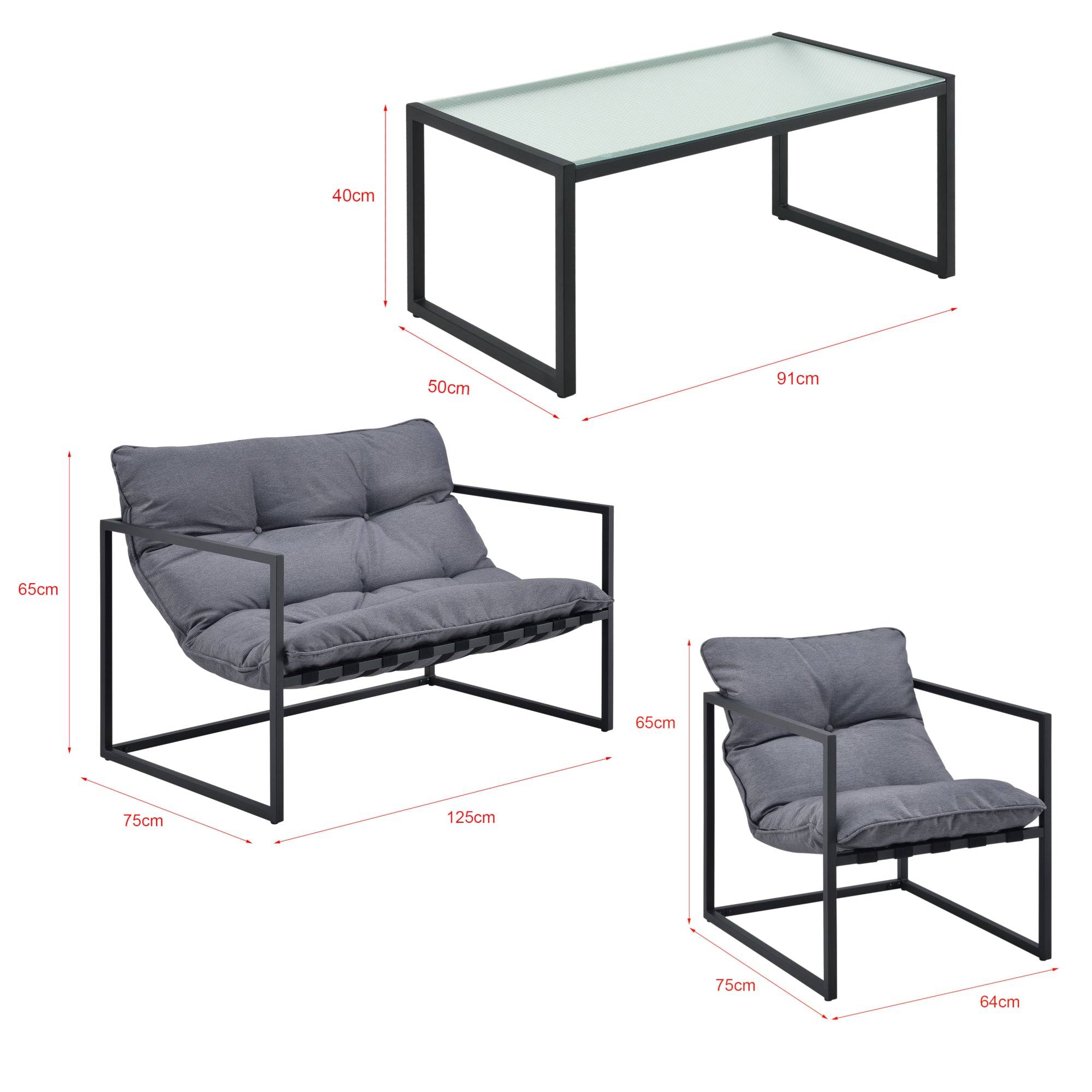 Helloshop26 - Salon de jardin table basse avec canapé et chaises extérieures en acier avec coussins oléfines et plateau de table en verre noir gris - Imagen 2
