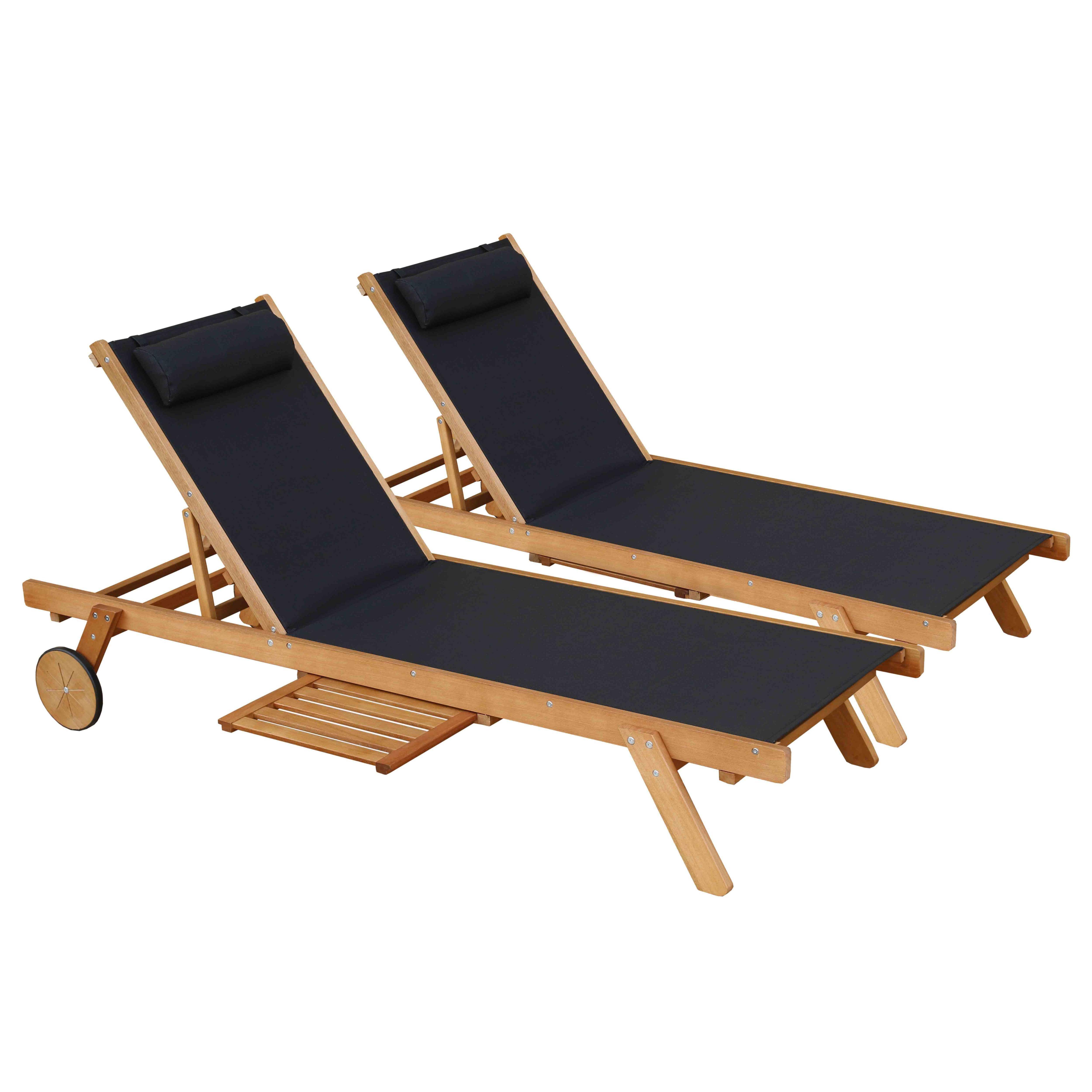 Oviala - Lot de 2 bains de soleil avec coussin et tablette en bois noir Goa - Oviala - Imagen 1
