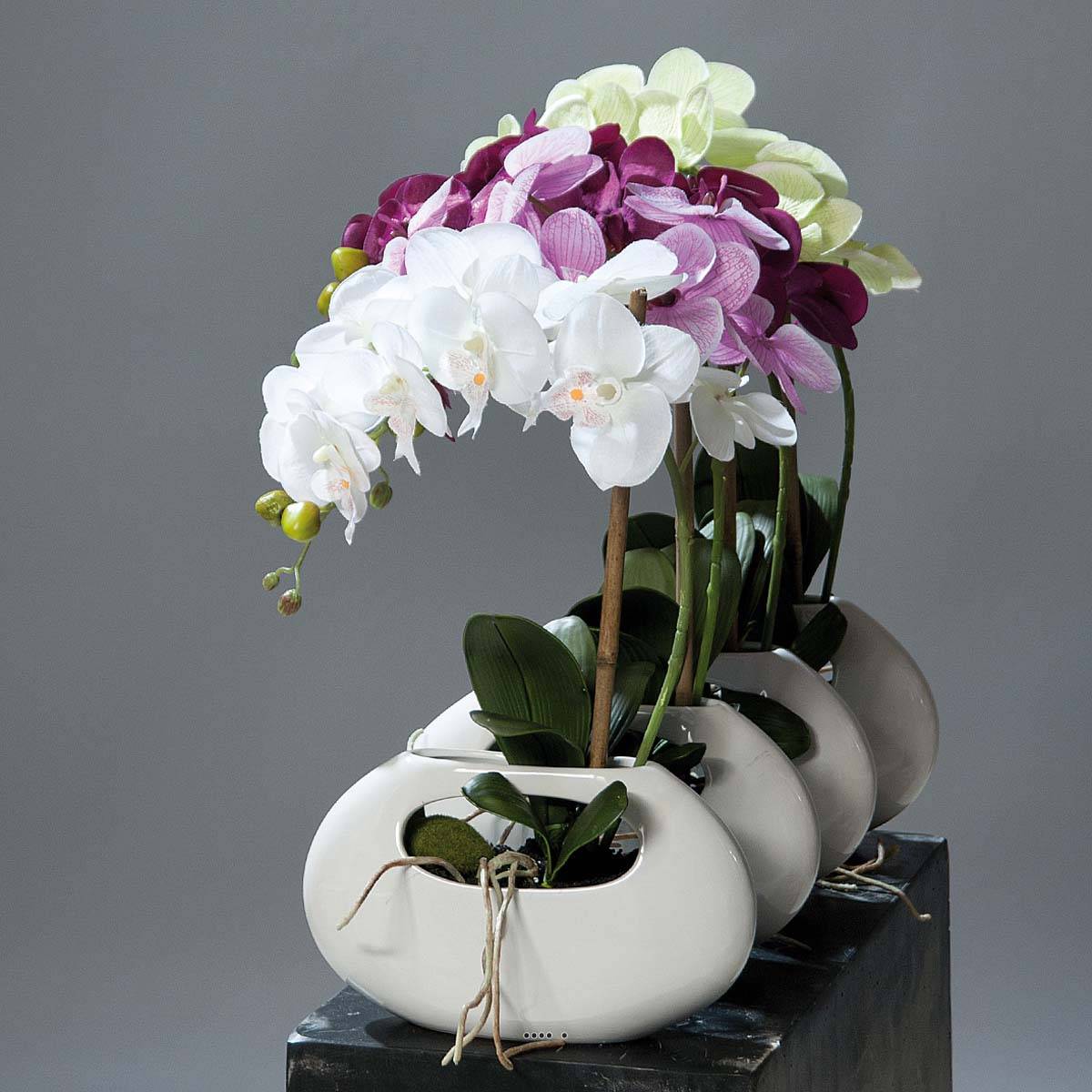Artificielles - Orchidee artificielle Lavande 1 hampe pot Ceramique Blanc oval H 43 cm - couleur: Lavande