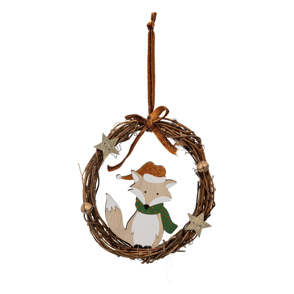 Sujet de Noël Renard en bois dans Couronne en rotin