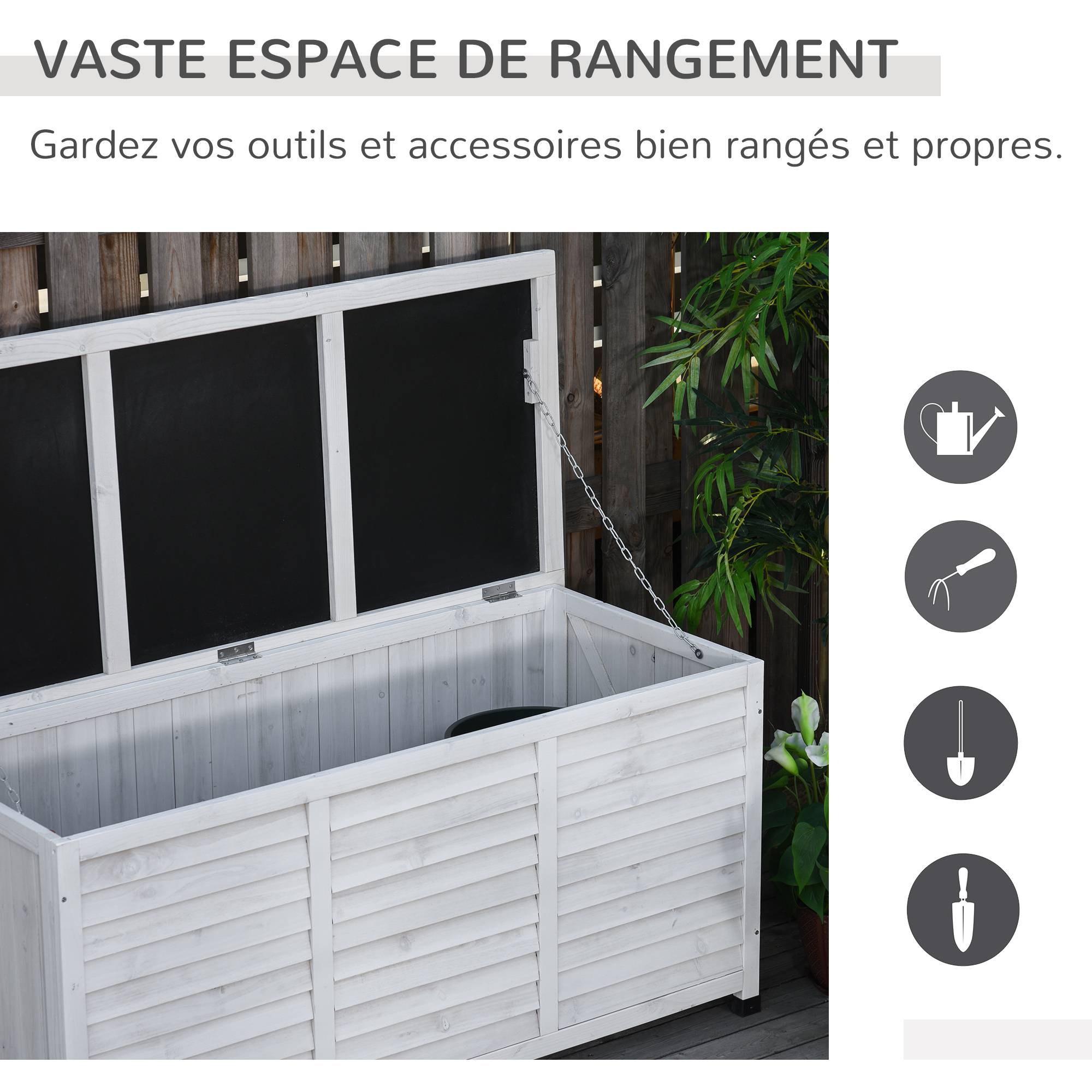 ComfortXL - Coffre rangement extérieur bois sapin malle jardin banc aération 283L 127x56x60cm blanc - ComfortXL Outdoor Living - Image 6