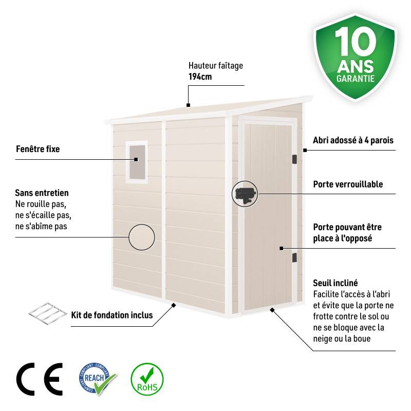 Abri de jardin adossé résine polypropylène 2,09m² avec kit de fondation Jôbu beige - Image 3