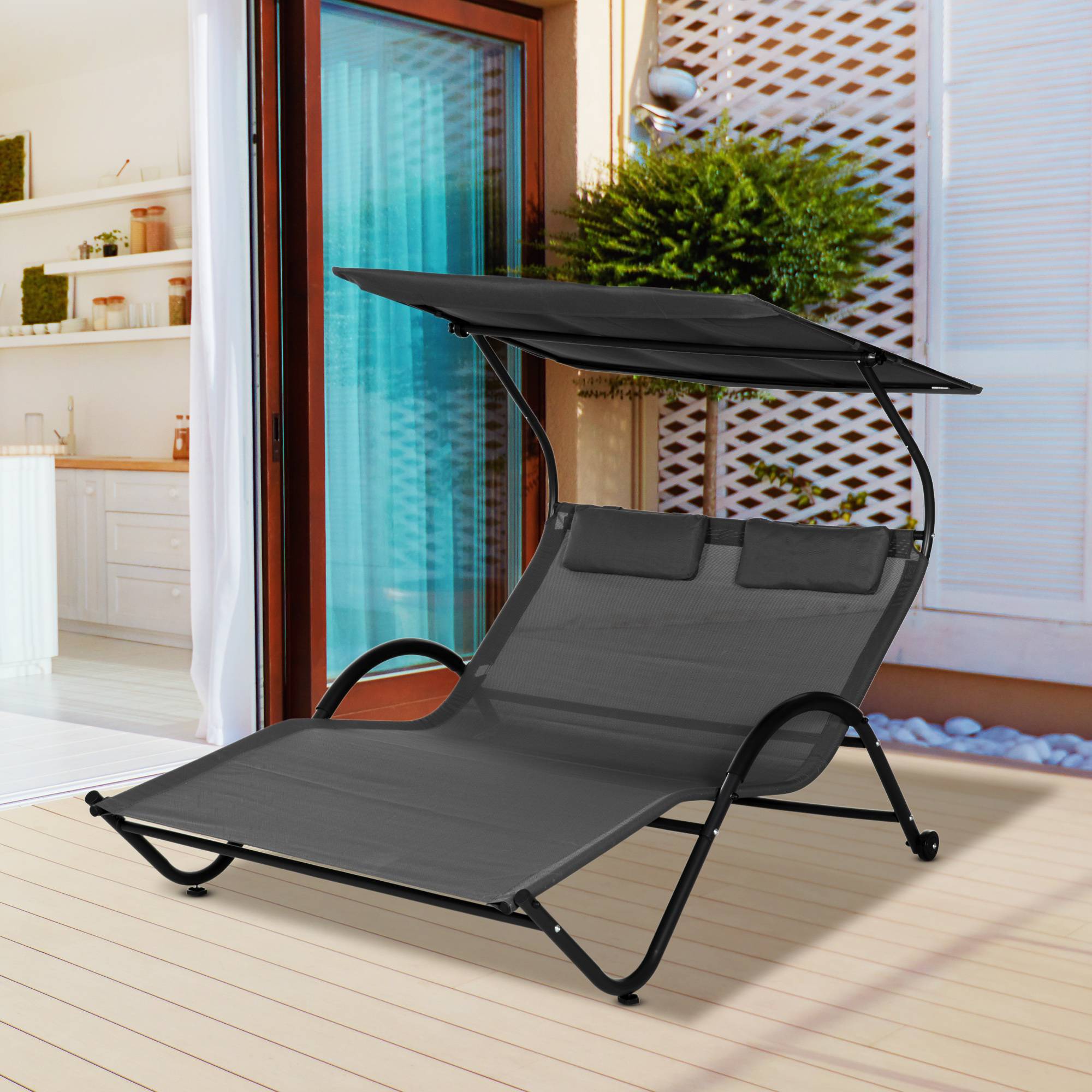 Bain de Soleil 2 Places Polyester Jardin Pare-Soleil Roulettes 200x137cm Gris Foncé - ComfortXL Outdoor Living - Image 4