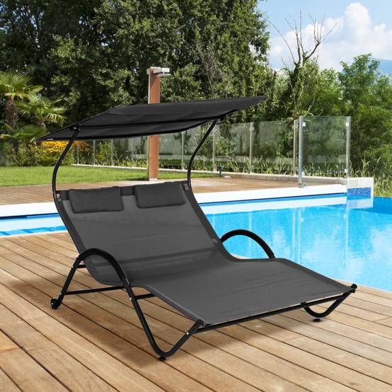 Bain de Soleil 2 Places Polyester Jardin Pare-Soleil Roulettes 200x137cm Gris Foncé - ComfortXL Outdoor Living - Image 3