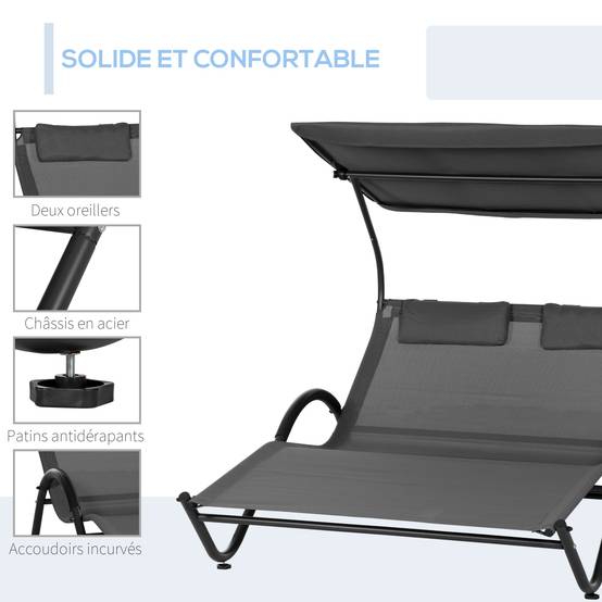 Bain de Soleil 2 Places Polyester Jardin Pare-Soleil Roulettes 200x137cm Gris Foncé - ComfortXL Outdoor Living - Image 8