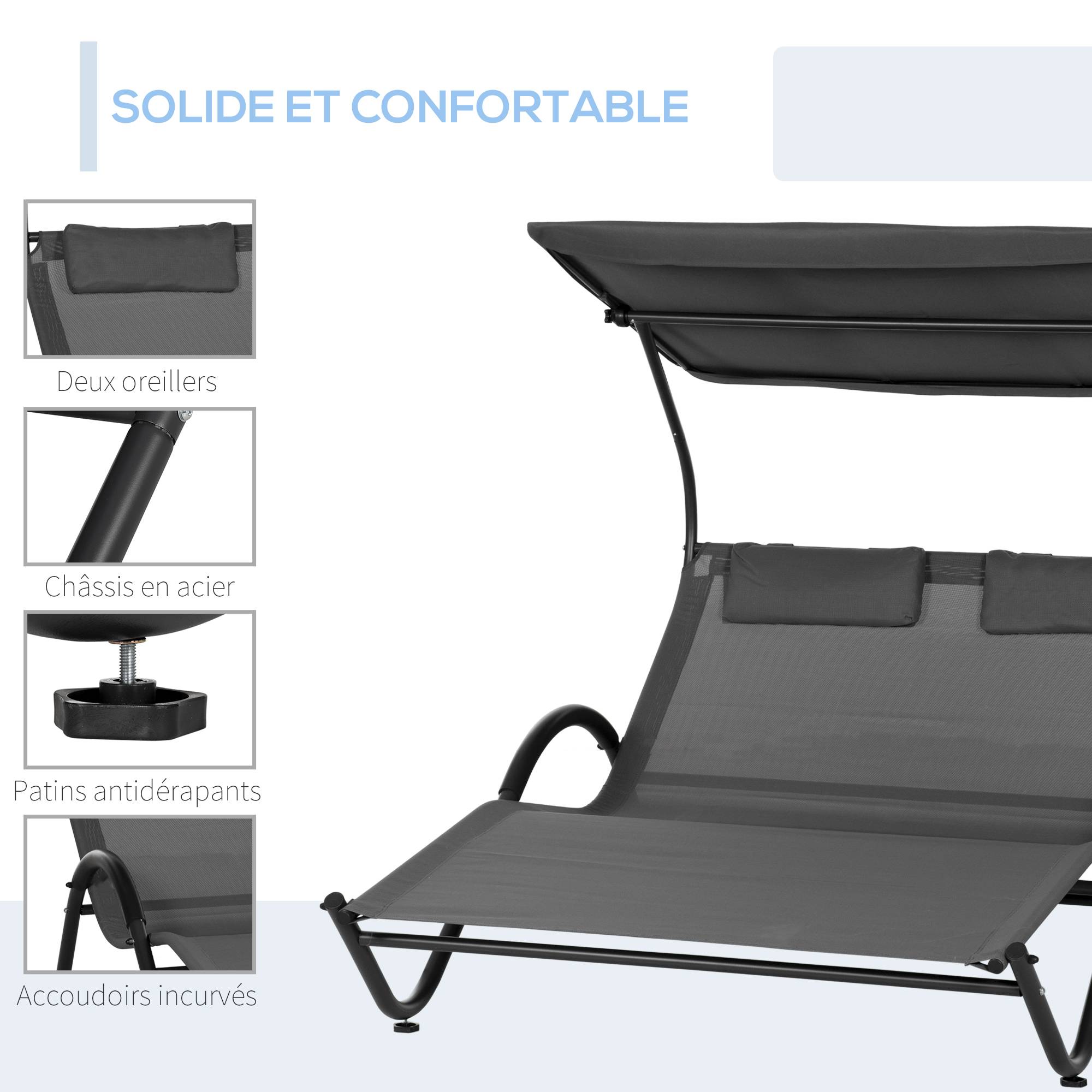 Bain de Soleil 2 Places Polyester Jardin Pare-Soleil Roulettes 200x137cm Gris Foncé - ComfortXL Outdoor Living - Image 8