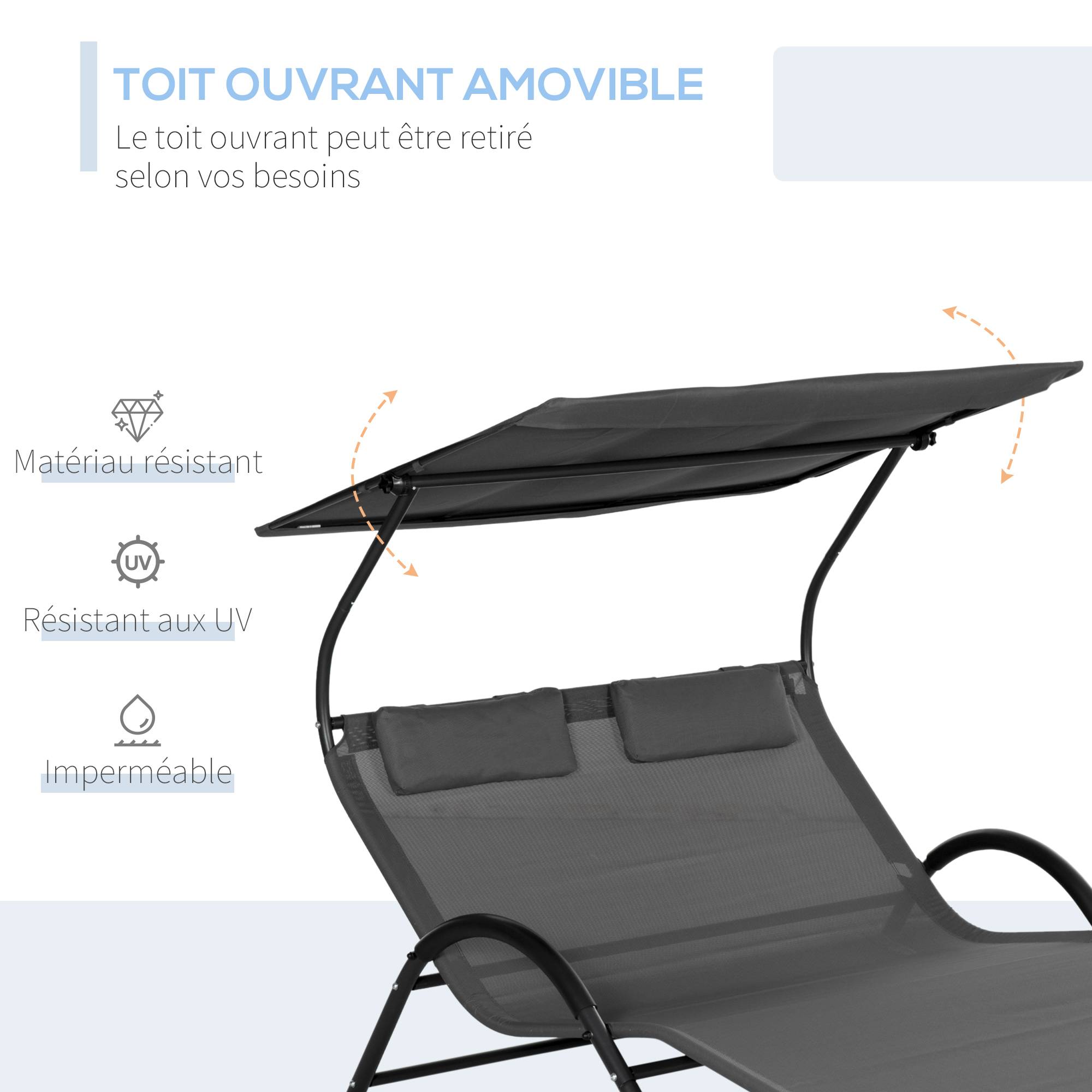 Bain de Soleil 2 Places Polyester Jardin Pare-Soleil Roulettes 200x137cm Gris Foncé - ComfortXL Outdoor Living - Image 6