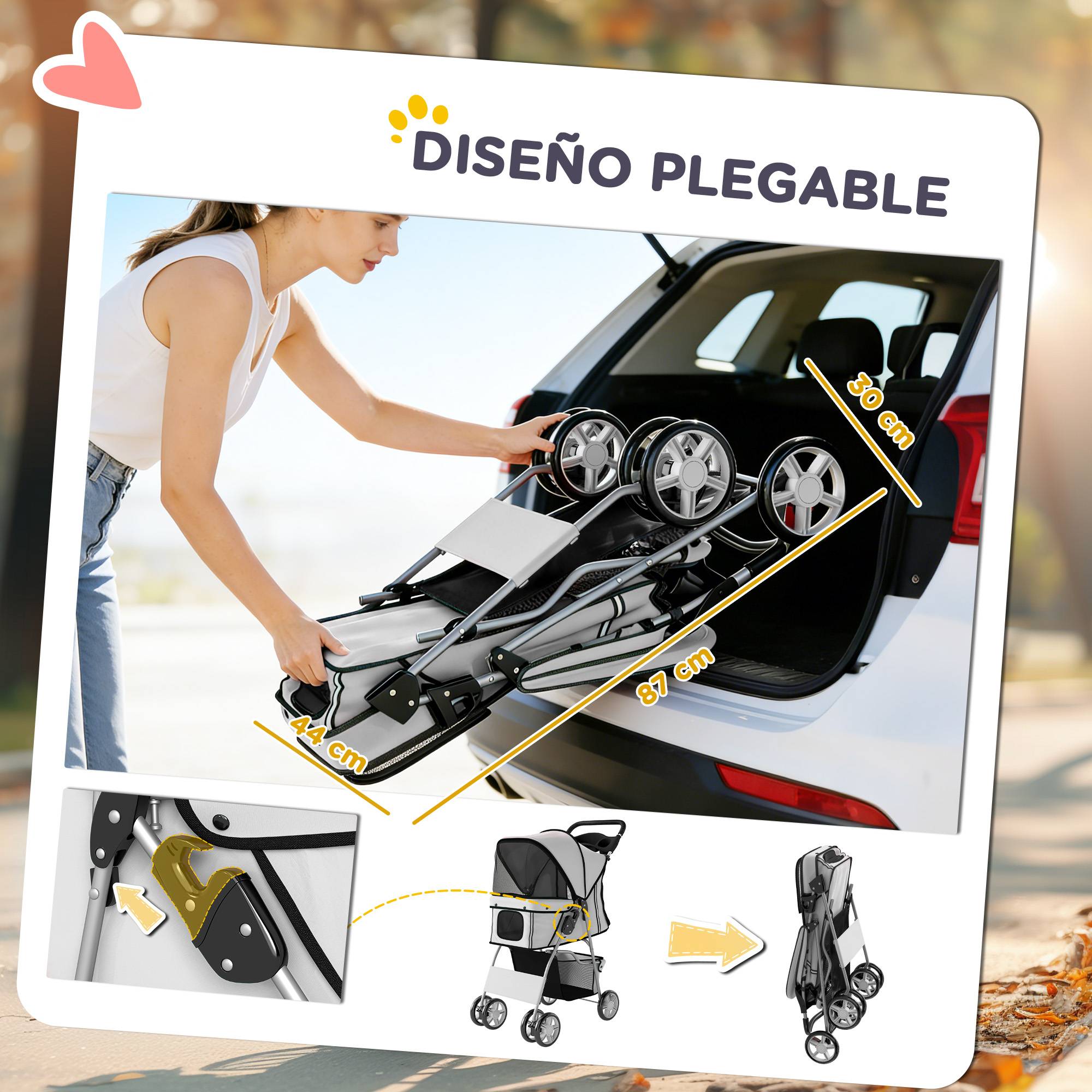 Poussette pour petit chien avec panier de rangement, porte-gobelet, roues et coussin lavable 77 x 44 x 102 cm Gris - Image 7