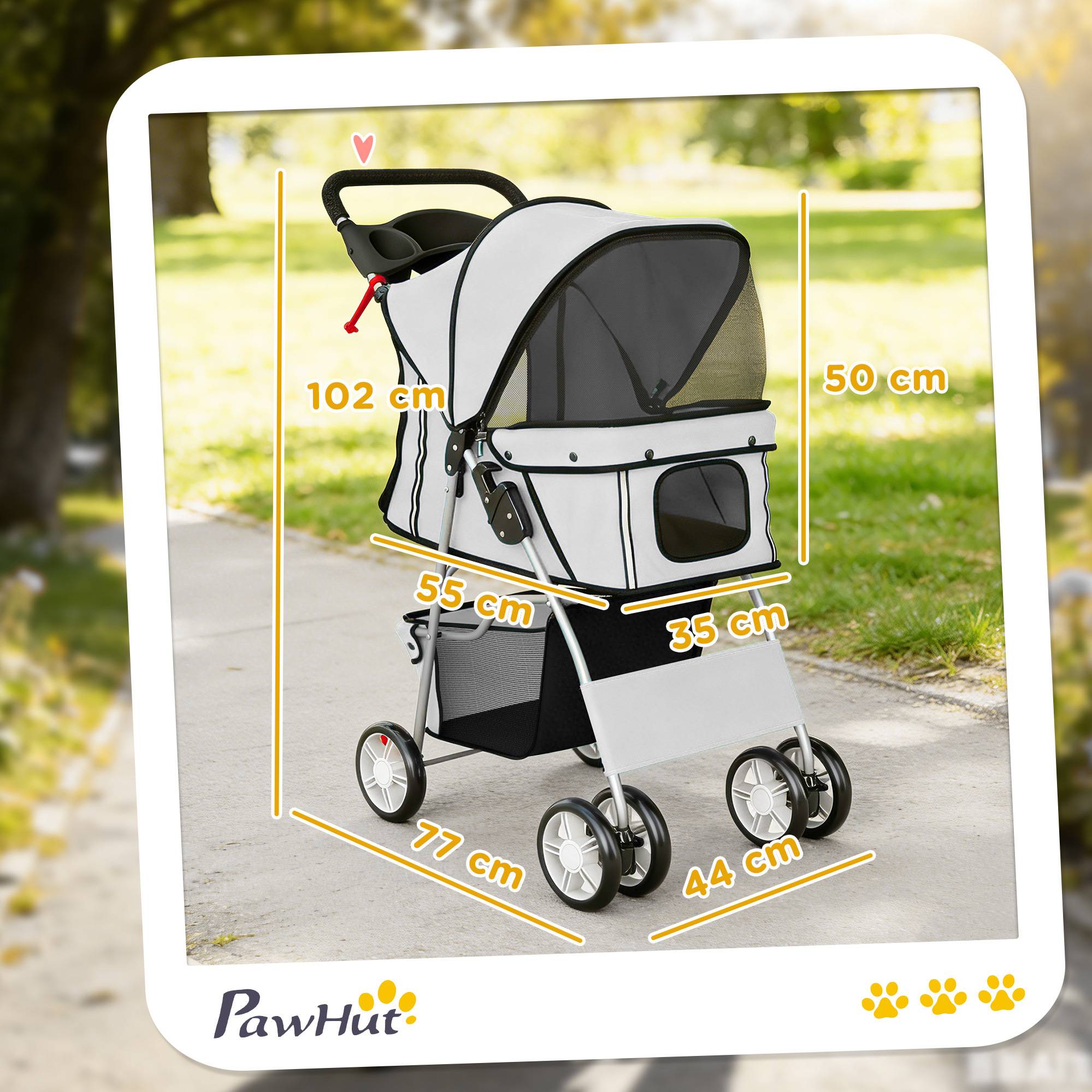 Poussette pour petit chien avec panier de rangement, porte-gobelet, roues et coussin lavable 77 x 44 x 102 cm Gris - Image 5