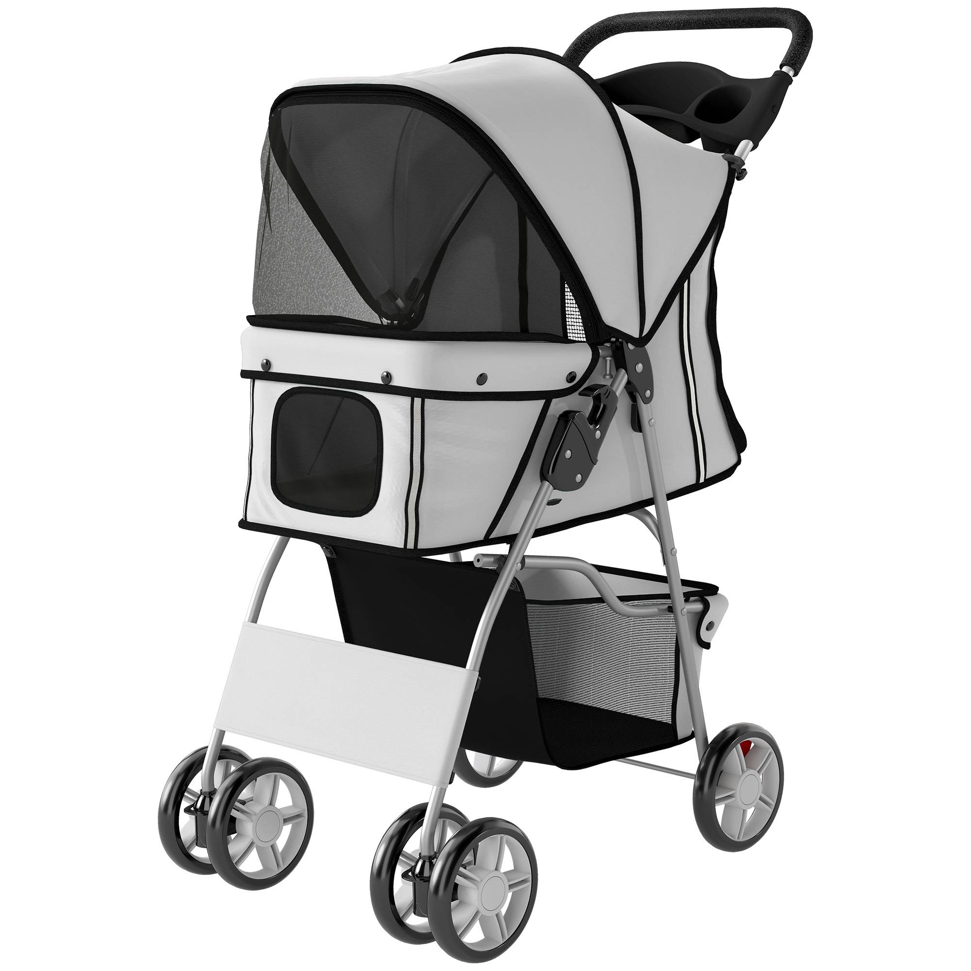 Poussette pour petit chien avec panier de rangement, porte-gobelet, roues et coussin lavable 77 x 44 x 102 cm Gris - Image 2