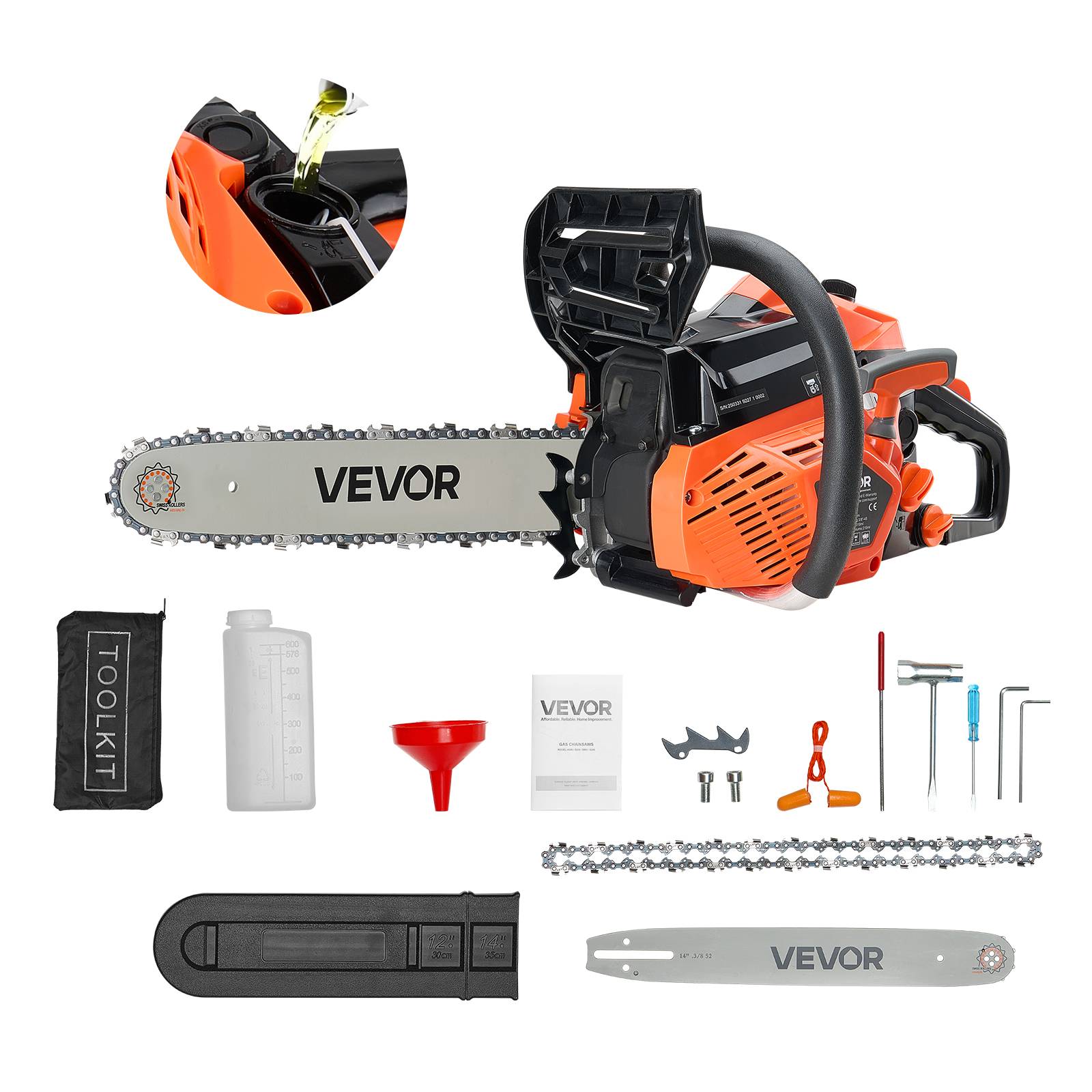 VEVOR Tronçonneuse essence 355 mm, 40 cc, 1,3 kW, double réservoir.