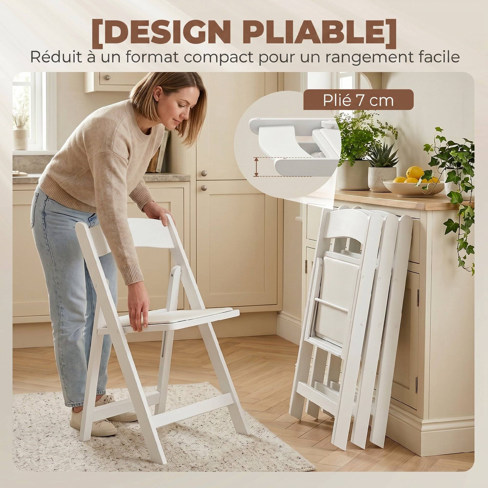 Lot de 4 chaises pliantes en résine et PU, chaises pliantes portables pour intérieur et extérieur, 45x44x78cm, blanc - Image 8