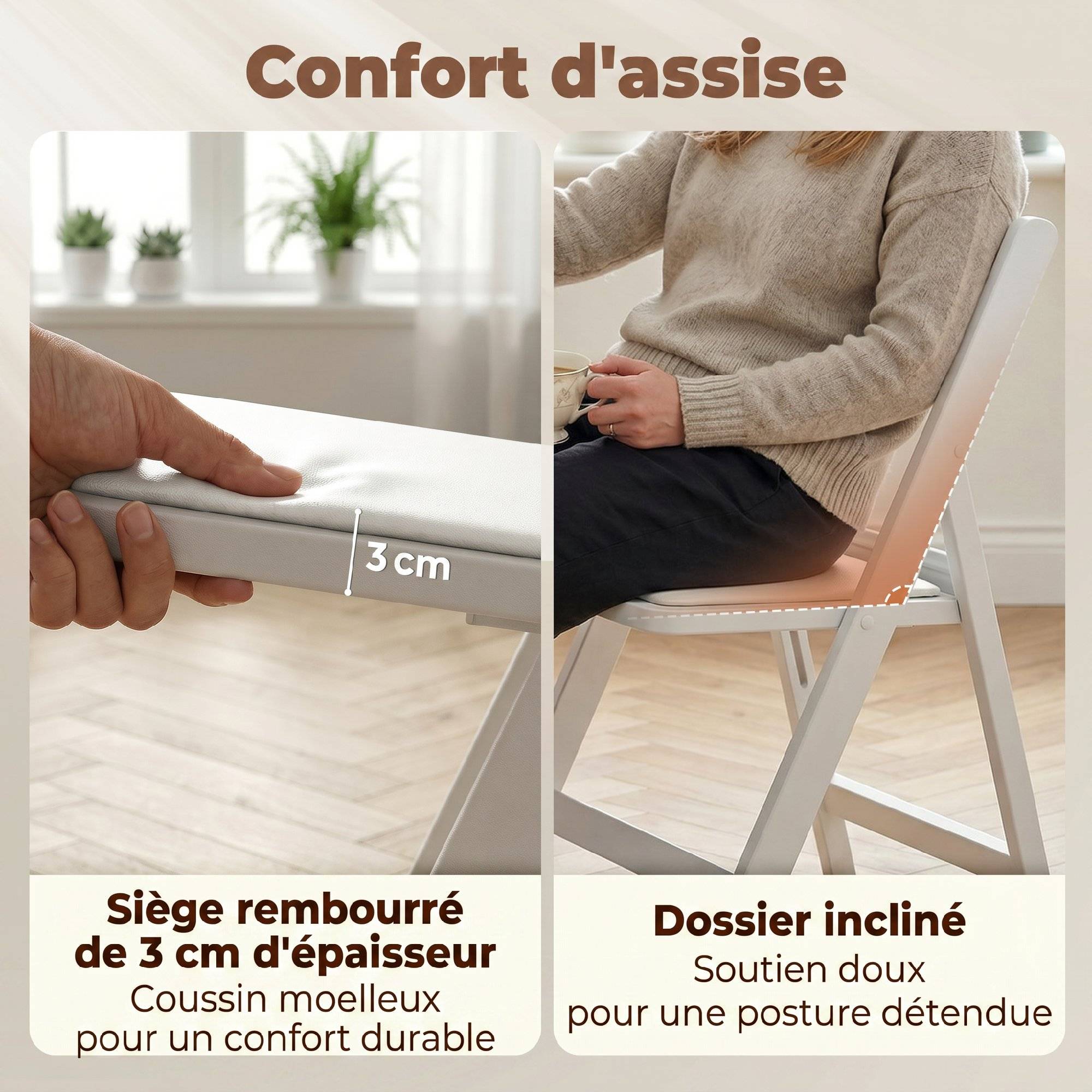 Lot de 4 chaises pliantes en résine et PU, chaises pliantes portables pour intérieur et extérieur, 45x44x78cm, blanc - Image 7