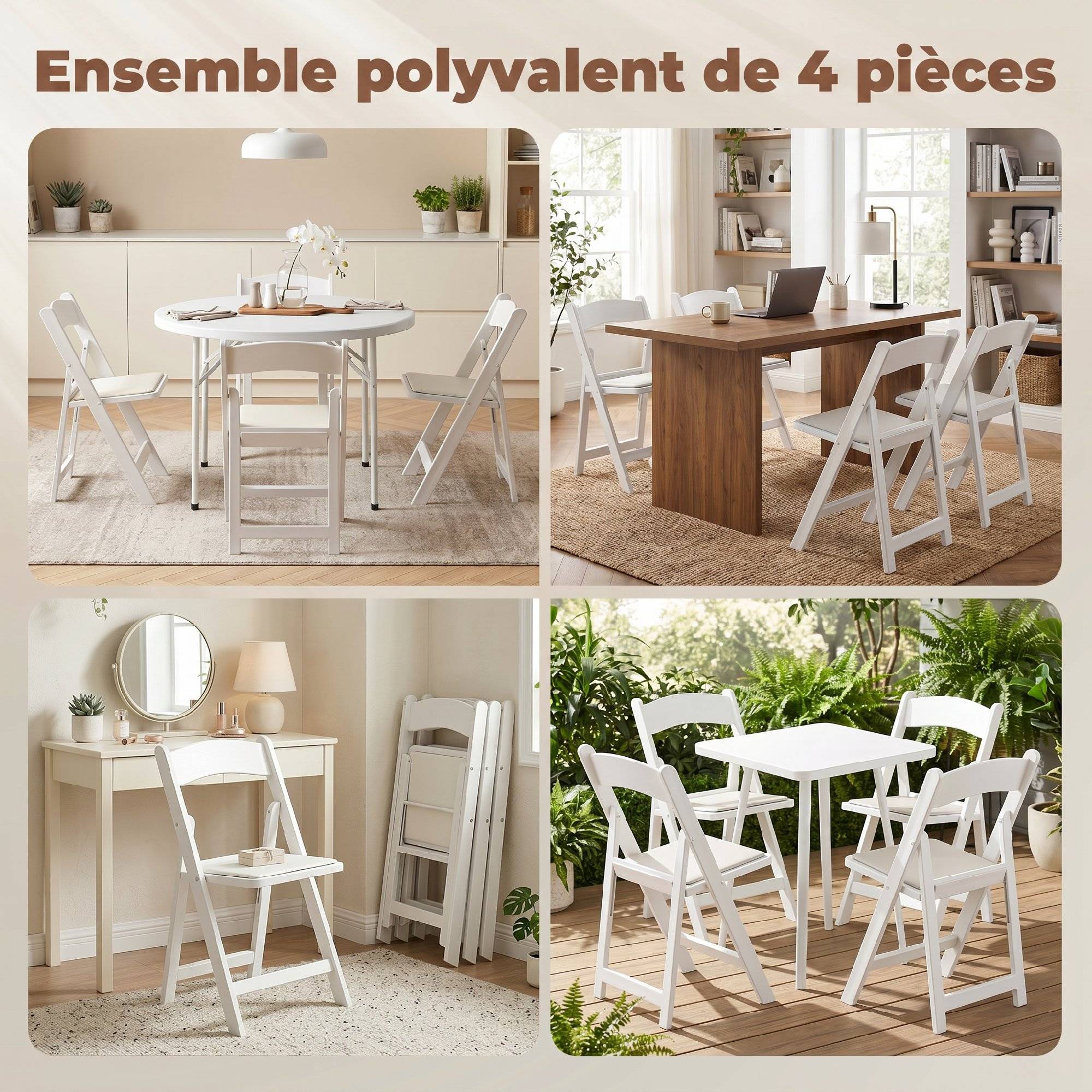 Lot de 4 chaises pliantes en résine et PU, chaises pliantes portables pour intérieur et extérieur, 45x44x78cm, blanc - Image 9