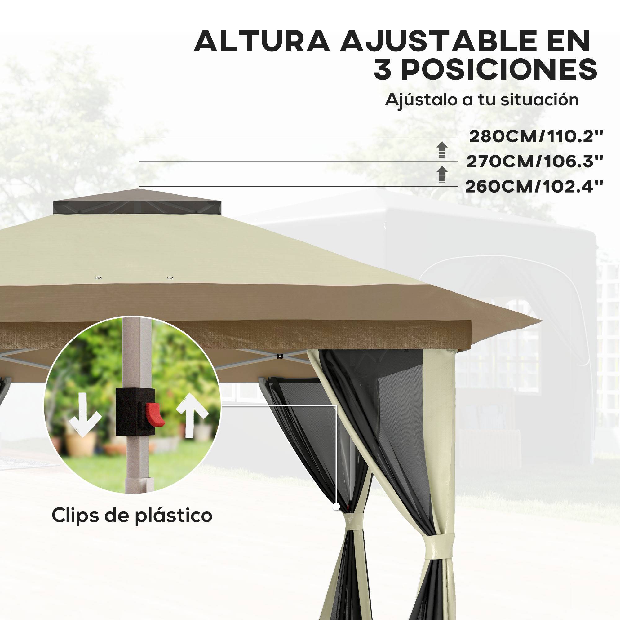Tonnelle pliante 3,6 x 3,6 m avec parois en maille anti-UV50+, hauteur réglable, sac de transport à roulettes et sacs de lestage, couleur crème - Image 7