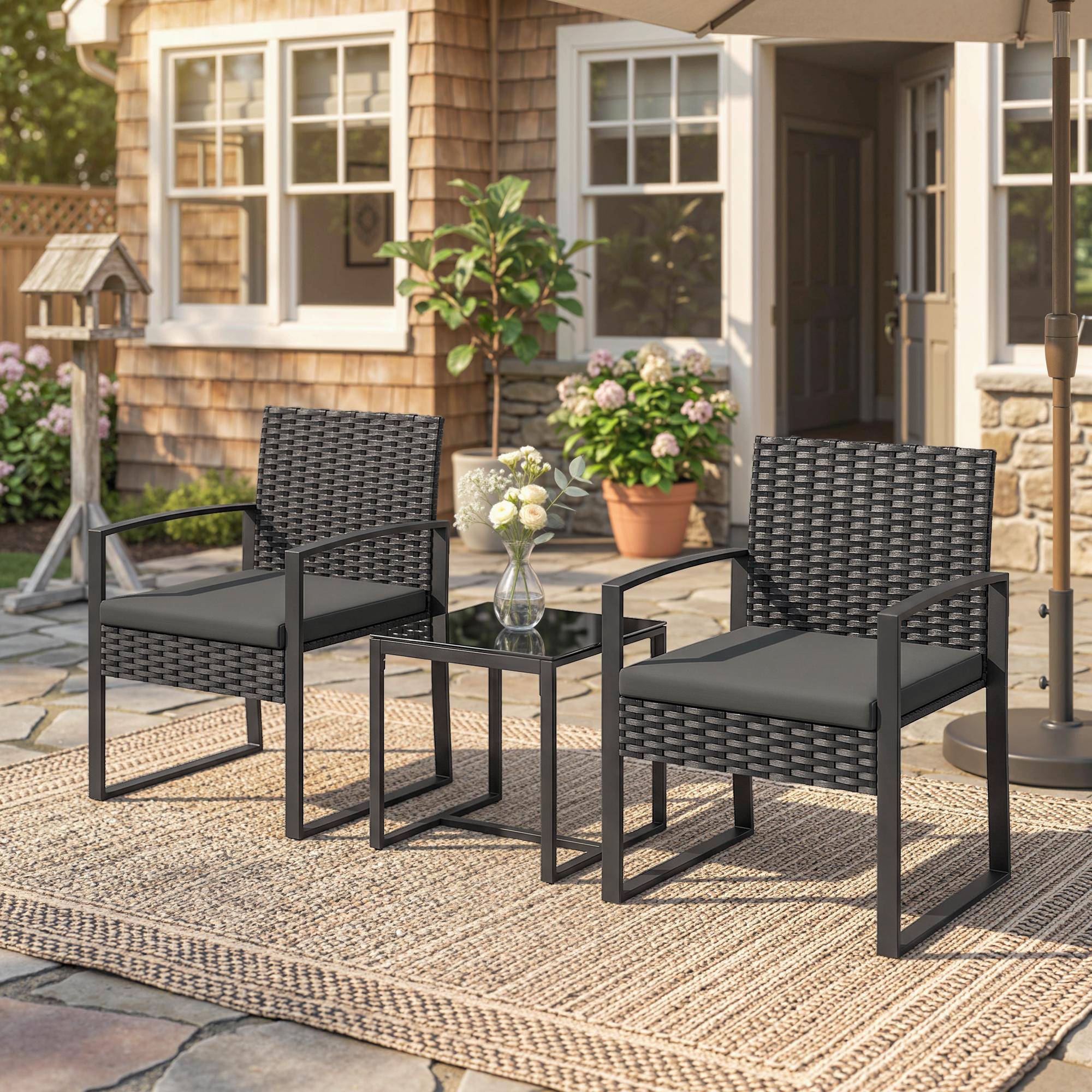 Sans Marque - Salon jardin extérieur résine tressée 2 personnes table 2 chaises verre trempé noir - Image 4