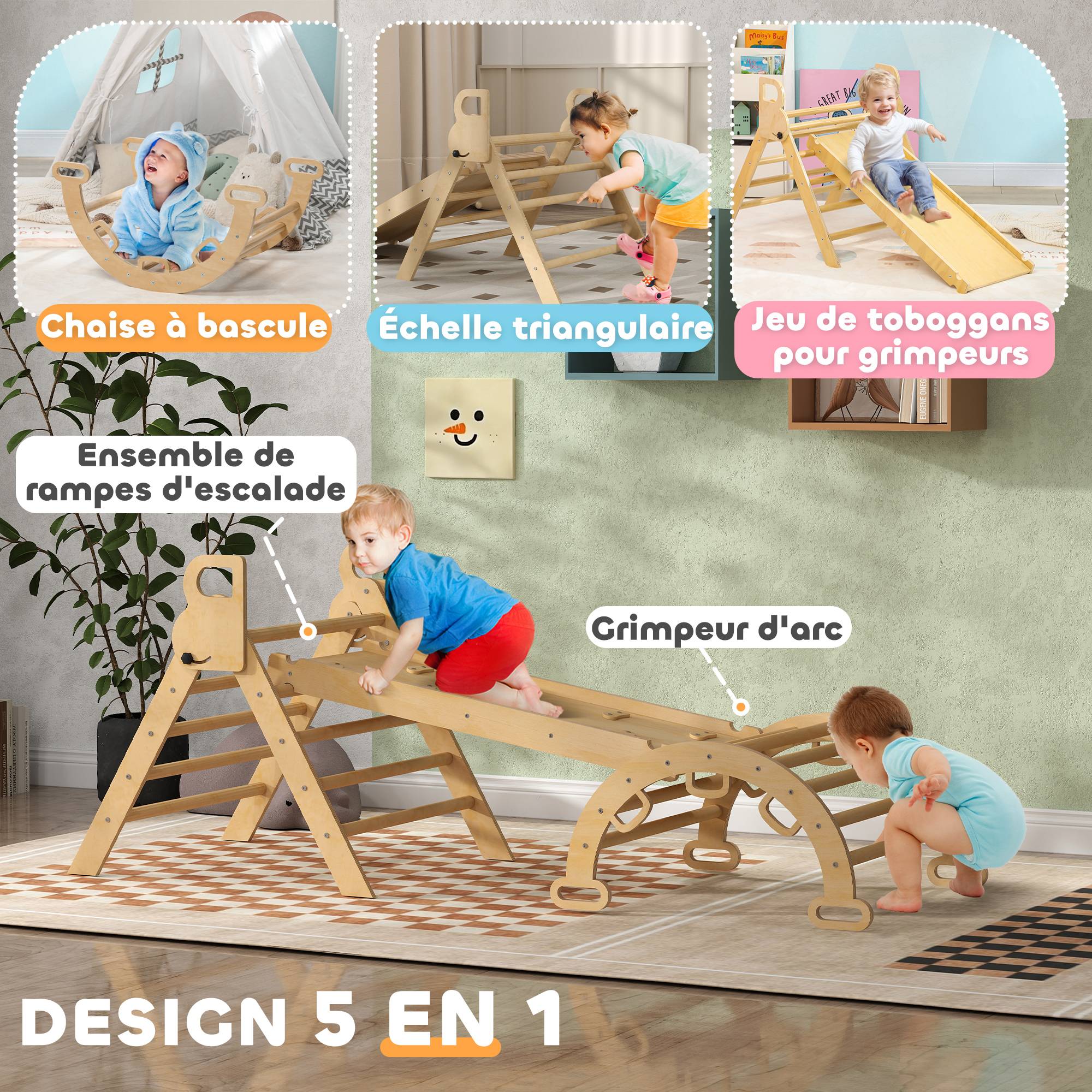 5 en 1 Triangle arche d'escalade enfants avec triangle d'escalade, rampe d'escalade réversible, bascule - Image 6