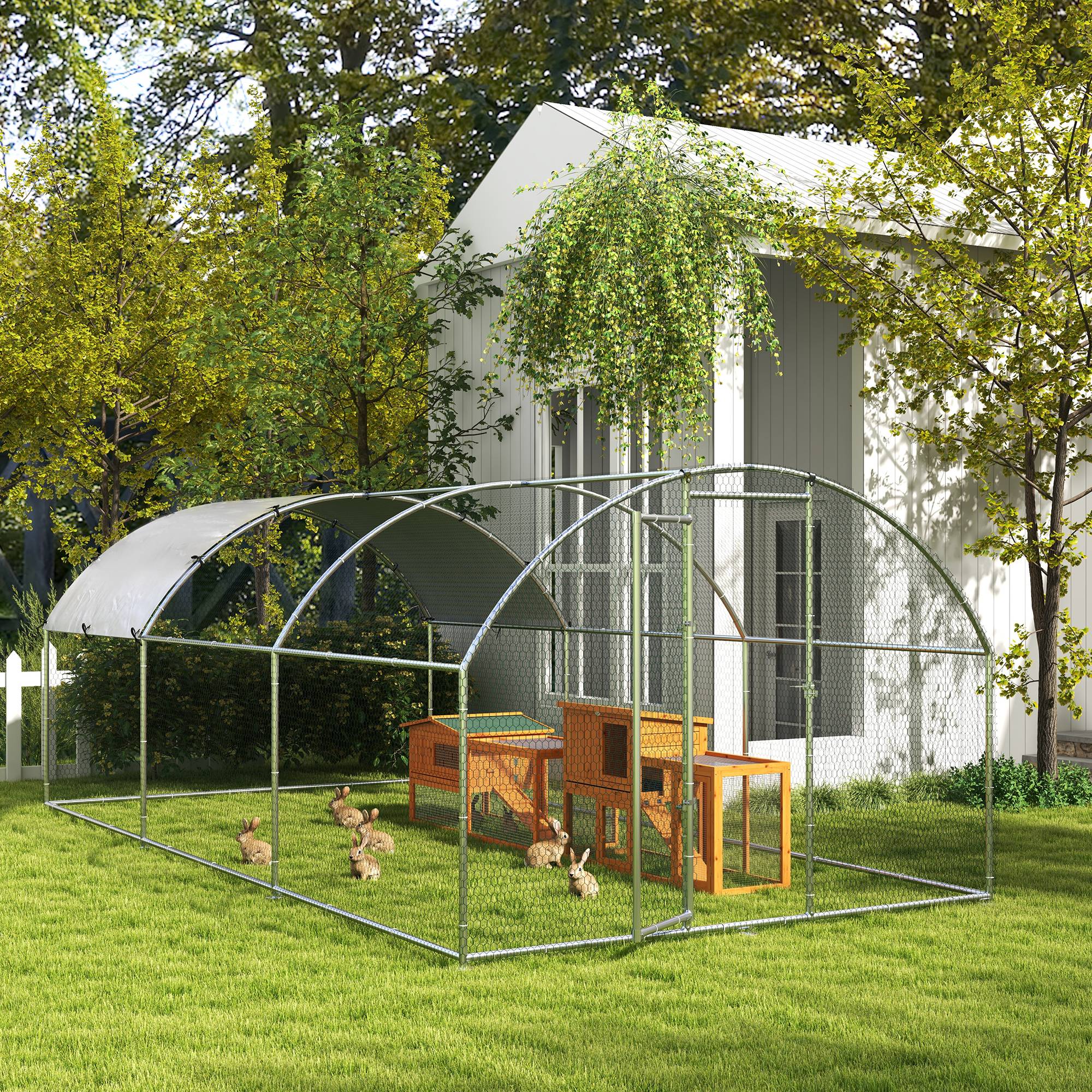 Clapier avec enclos, bac extractible, résistant aux intempéries, 125,5x100x49cm, vert et naturel - Image 10