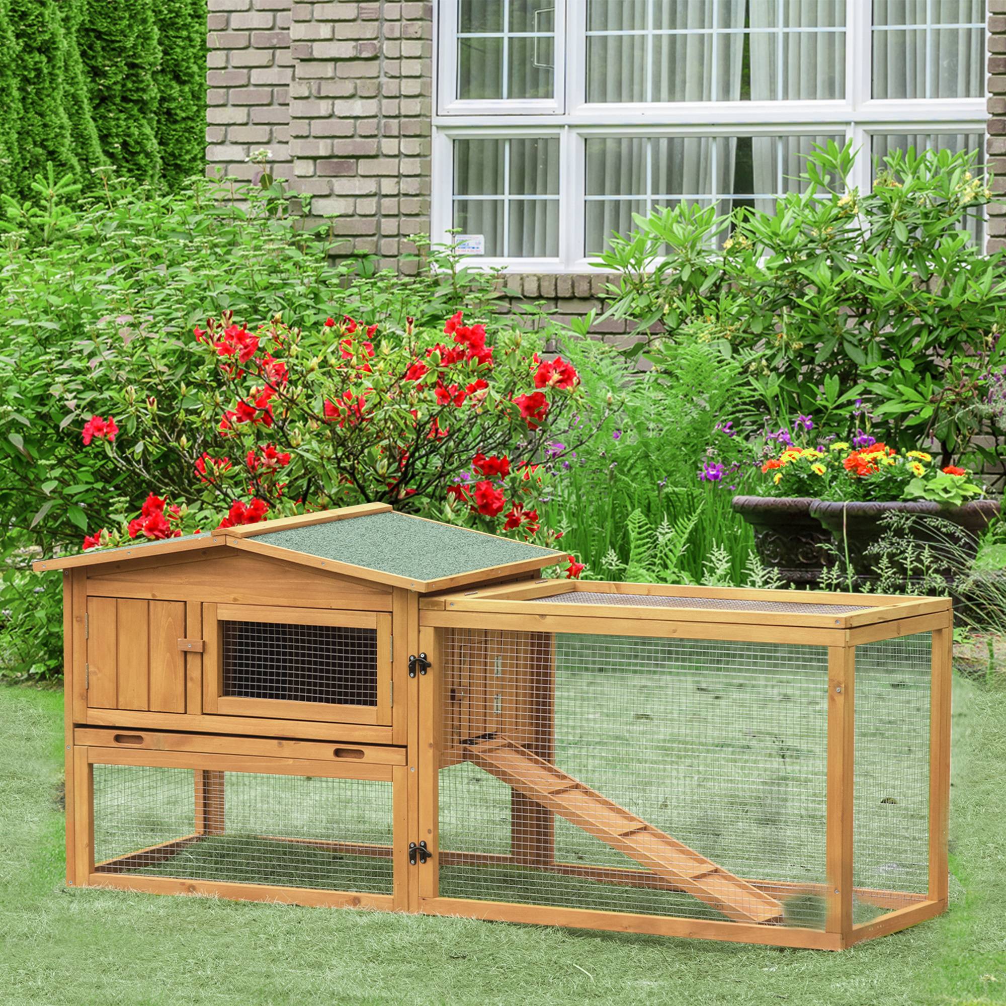 Clapier avec enclos, bac extractible, résistant aux intempéries, 125,5x100x49cm, vert et naturel - Image 4