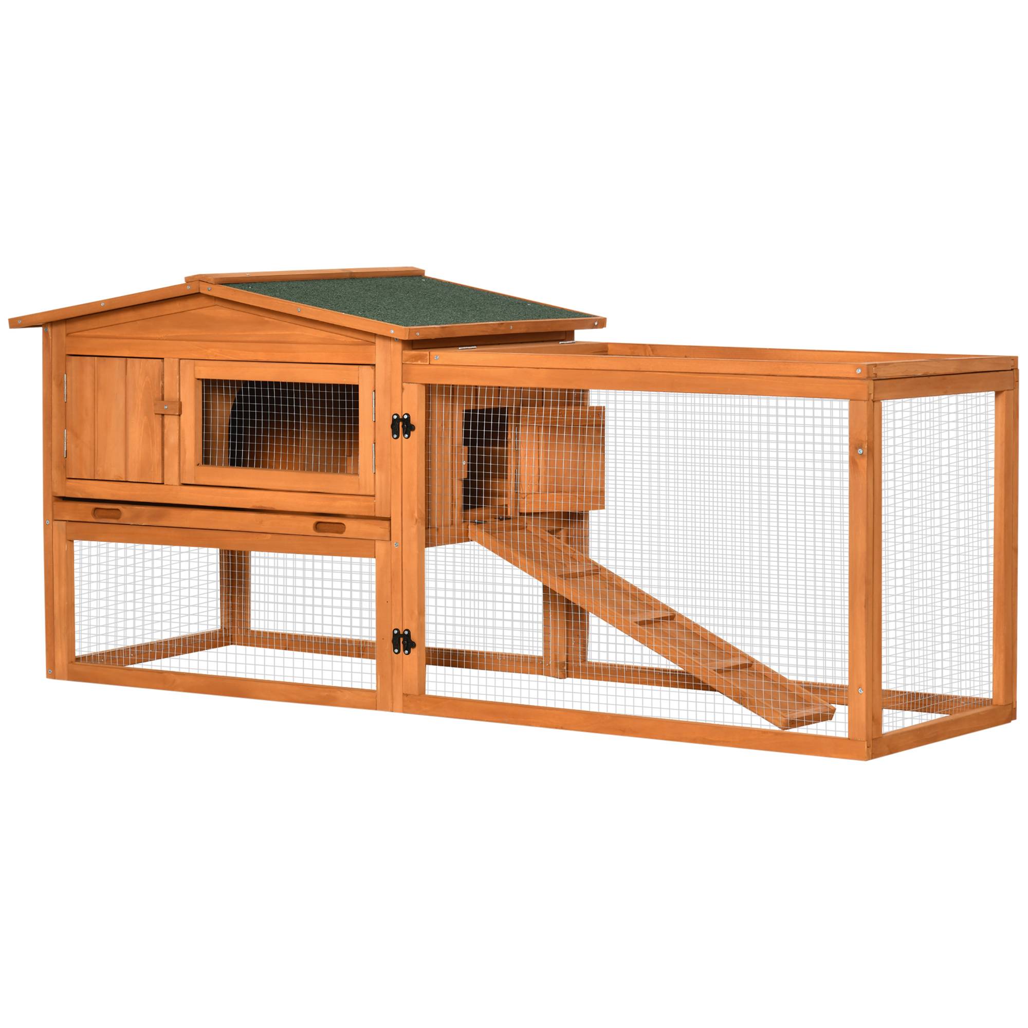 Clapier avec enclos, bac extractible, résistant aux intempéries, 125,5x100x49cm, vert et naturel - Image 2